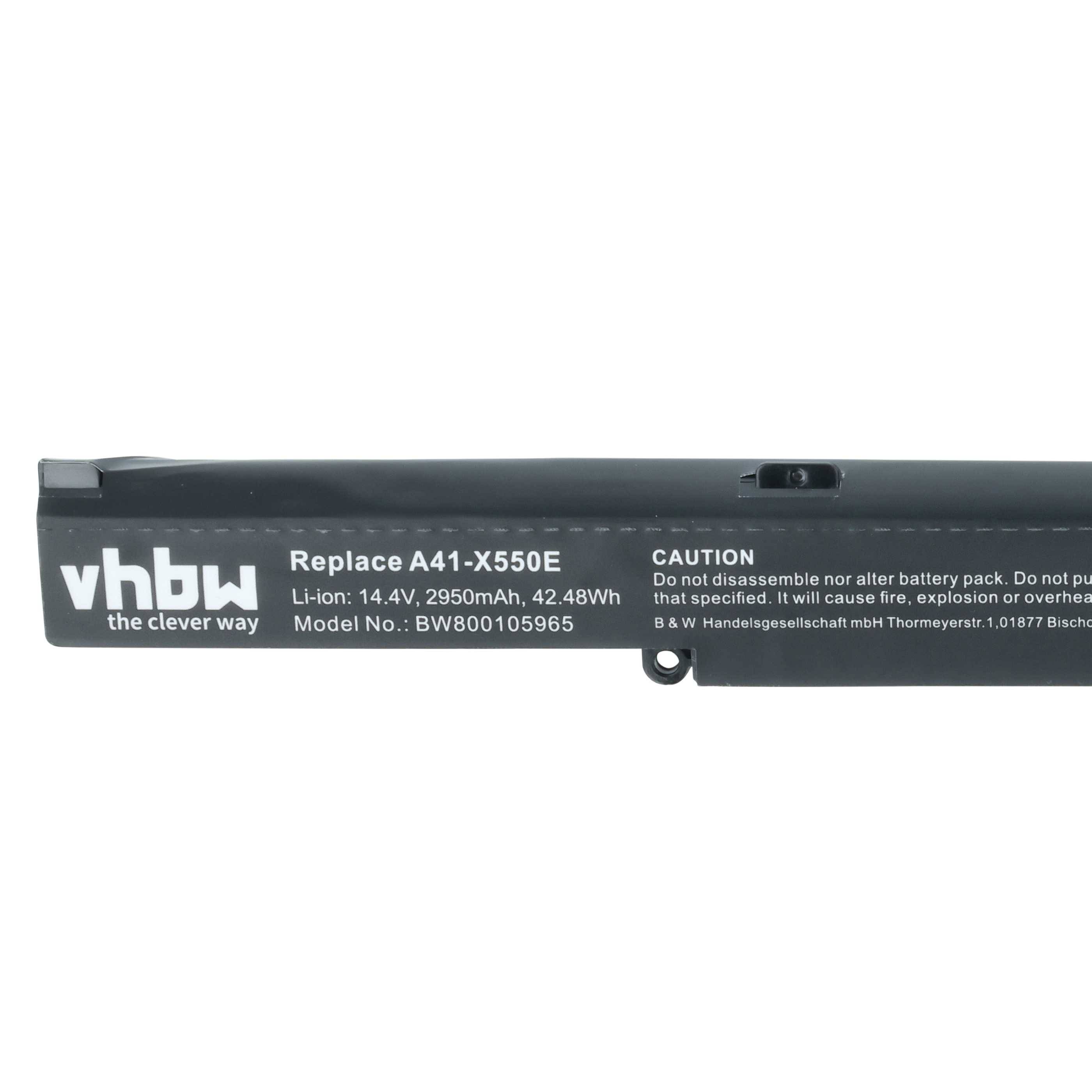 Eine wiederaufladbare Batterie für Laptops, Modell A41-X550E, 14,4V, 2950mAh, Marke VHbw; schwarz mit Beschriftung und Warnhinweistext.