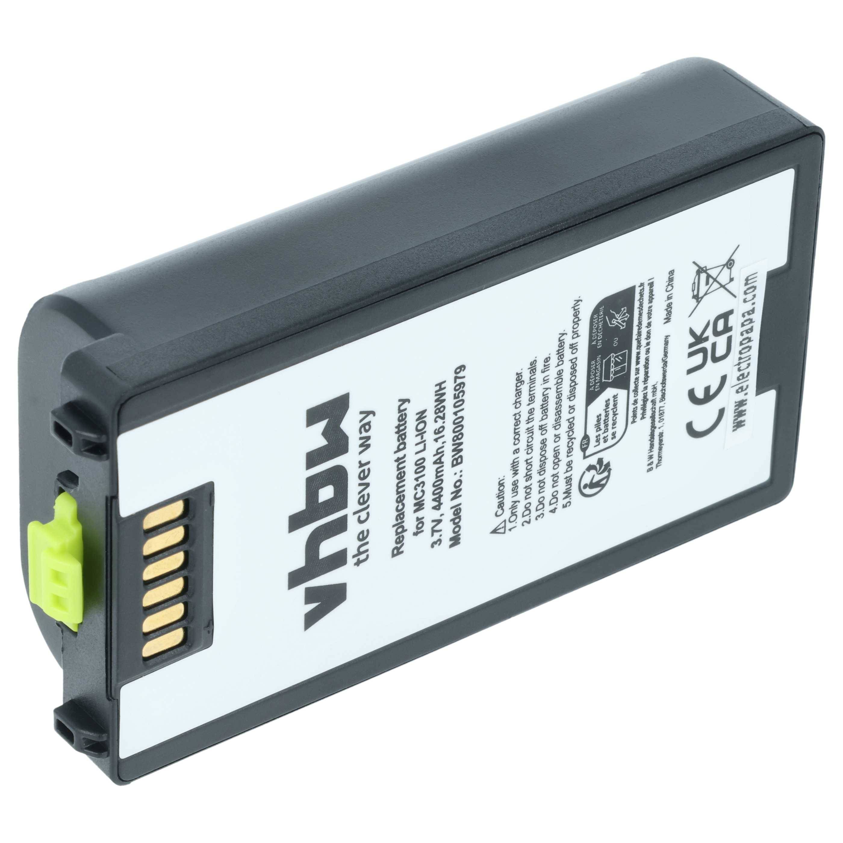 Eine rechteckige Batterie mit Anschlüssen, beschriftet mit 'vhbw' und Identifikationsdetails, einschließlich CE- und UKCA-Kennzeichnungen auf dem weißen Gehäuse.