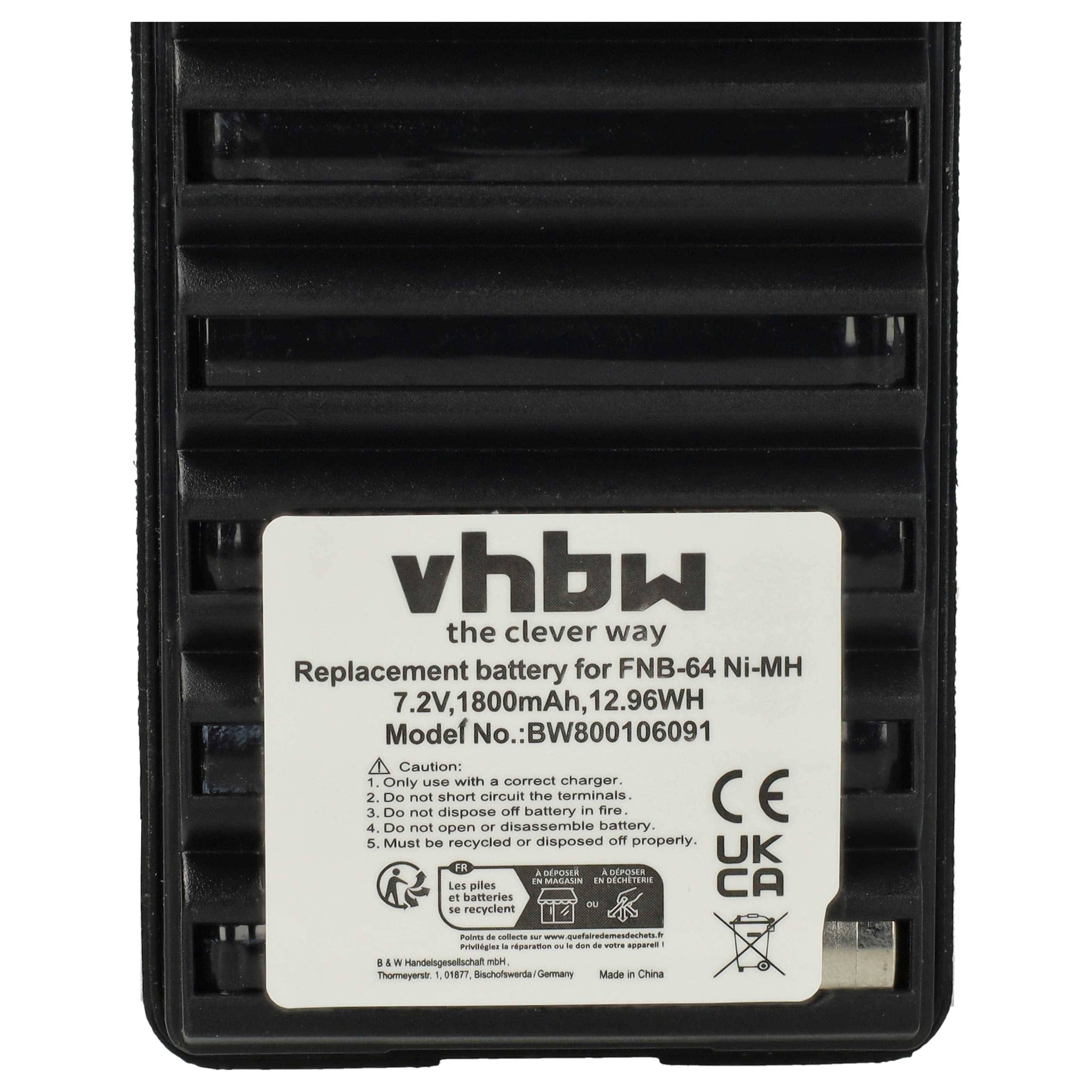 vhbw Akku kompatibel mit Yaesu Vertex VX-120, VX-110, FT-60E, FT60R, VX120, FT-60R, VX110, VX-127 Funkgerät, Walkie Talkie (1800 mAh, 7,2 V, NiMH)
