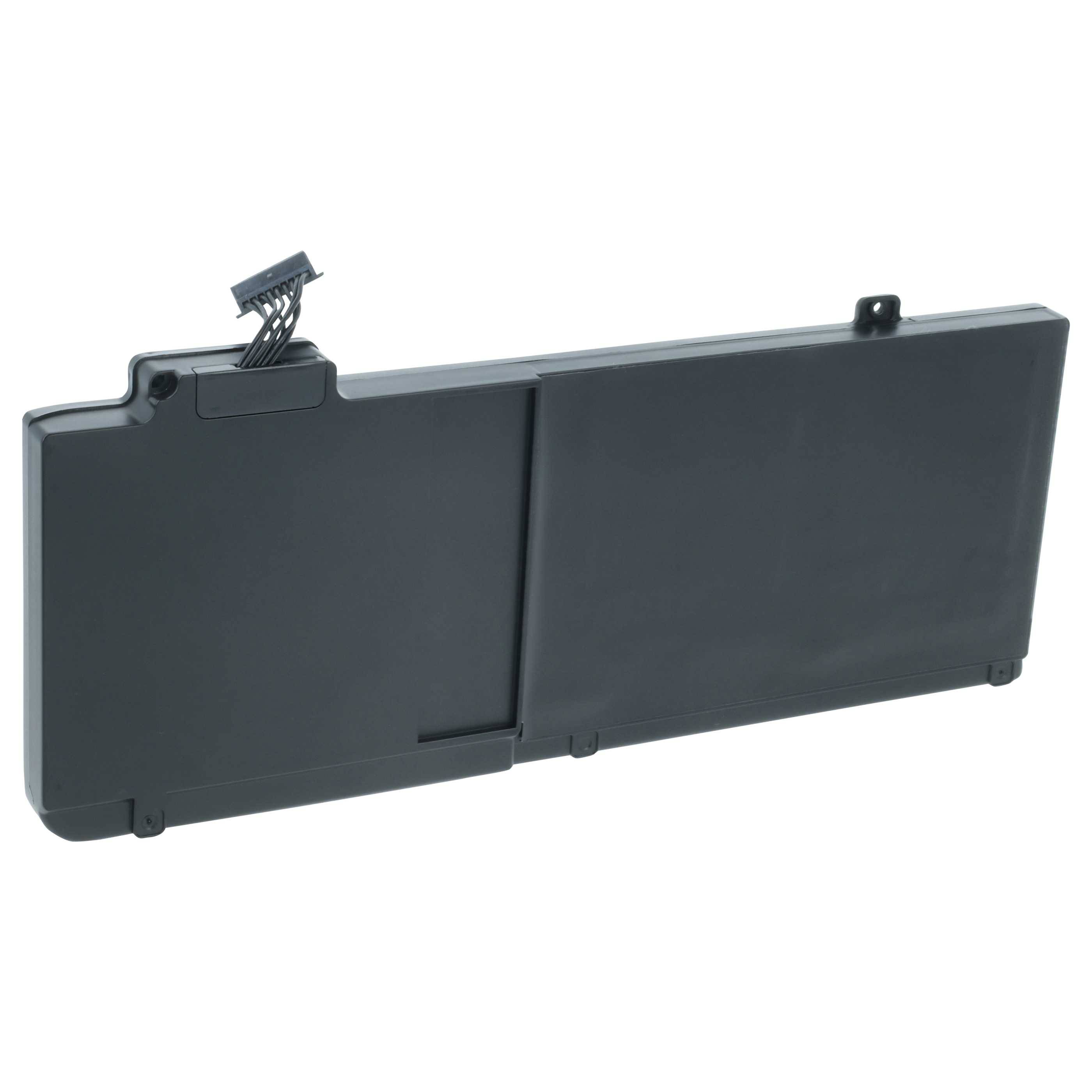 Rechteckiger schwarzer Laptop-Akku mit Anschlusskabeln oben links.