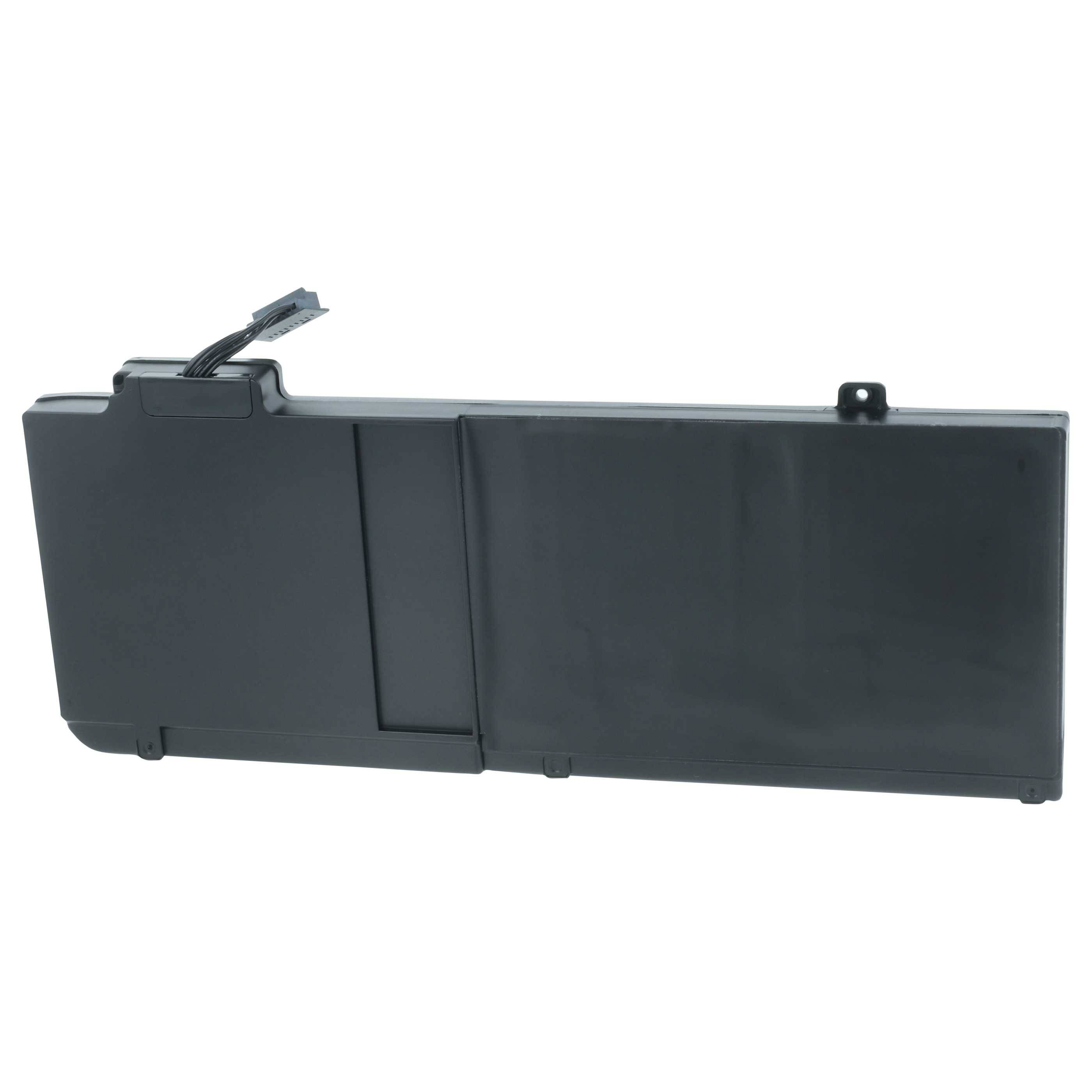 Schwarzer rechteckiger Laptop-Akku mit einem angeschlossenen Anschlusskabel oben links.