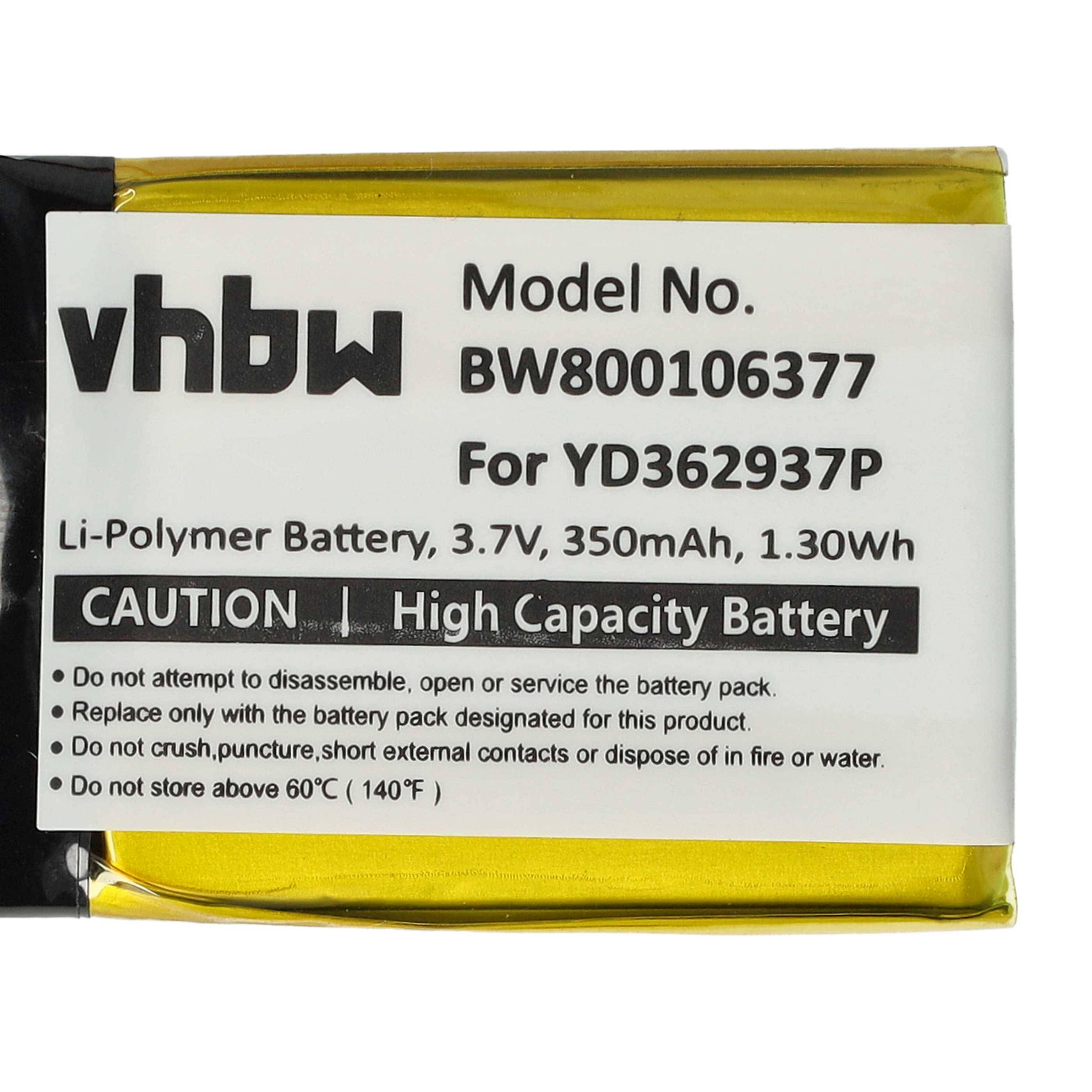 Batteriekennung mit Modellnummer BW800106377 für Gerät YD362937P, Li-Polymer, 3,7V, 350mAh. Warnung: nicht auseinandernehmen oder ins Feuer werfen.