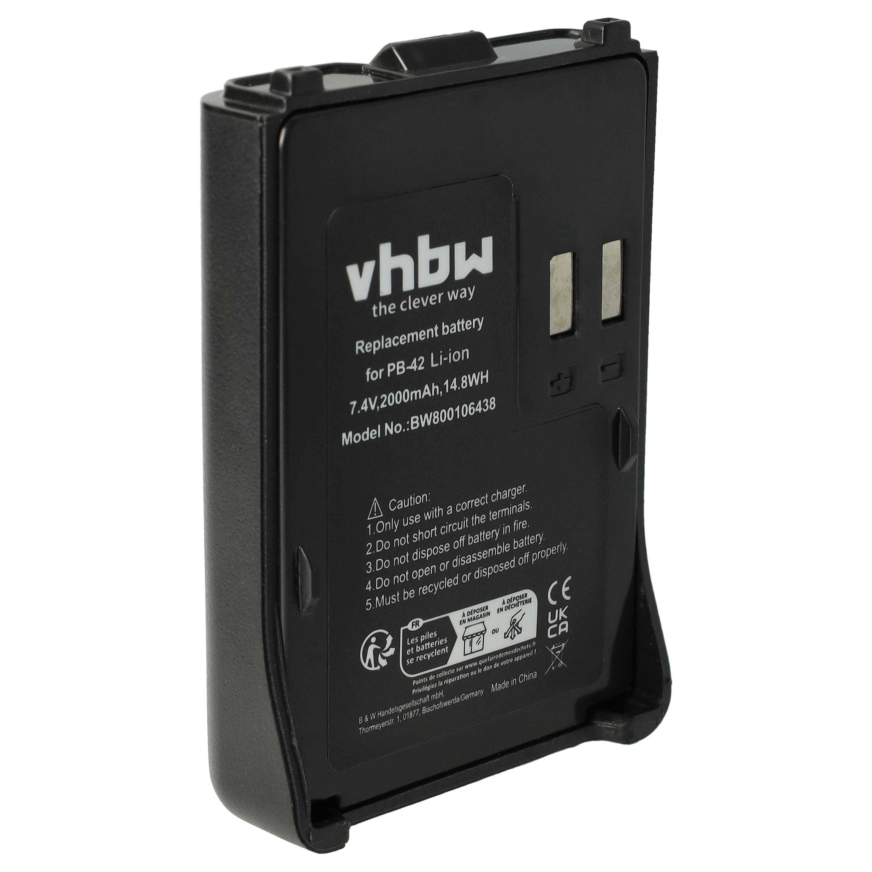 Ersatzbatterie für PB-42 Li-Ion, Modellnummer BW800106438, 7,4V, 2000mAh, mit Warn- und Recycling-Symbolen.