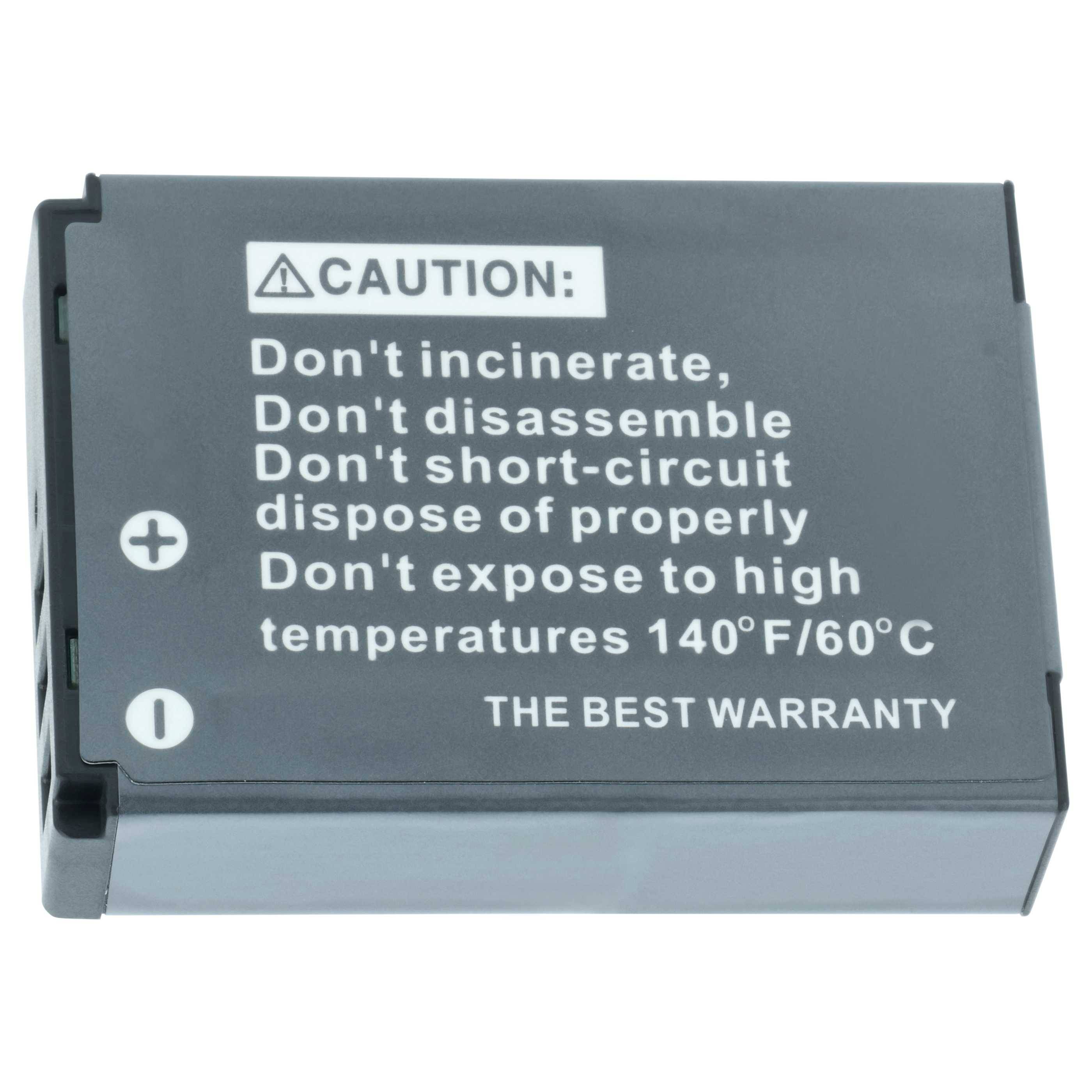 Batterie mit Warnhinweis. Anweisungen: 'Nicht verbrennen, zerlegen oder kurzschließen. Fachgerecht entsorgen. Temperaturen über 140°F/60°C vermeiden.