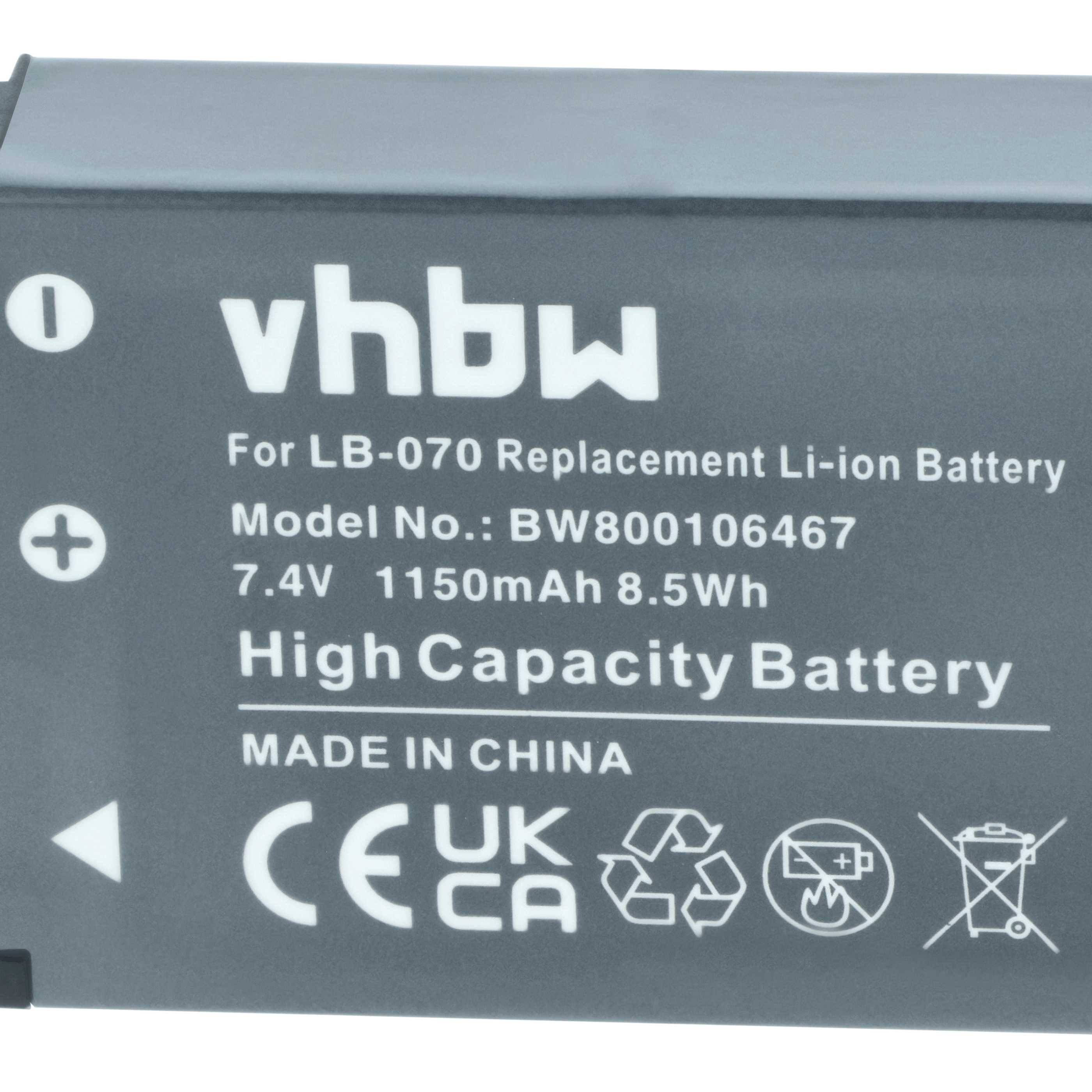 vhbw Hochkapazitätsakku, 7,4V, 1150mAh, 8,5Wh, Hergestellt in China' mit Symbolen für CE, UKCA-Konformität, Recycling- und Entsorgungshinweise.
