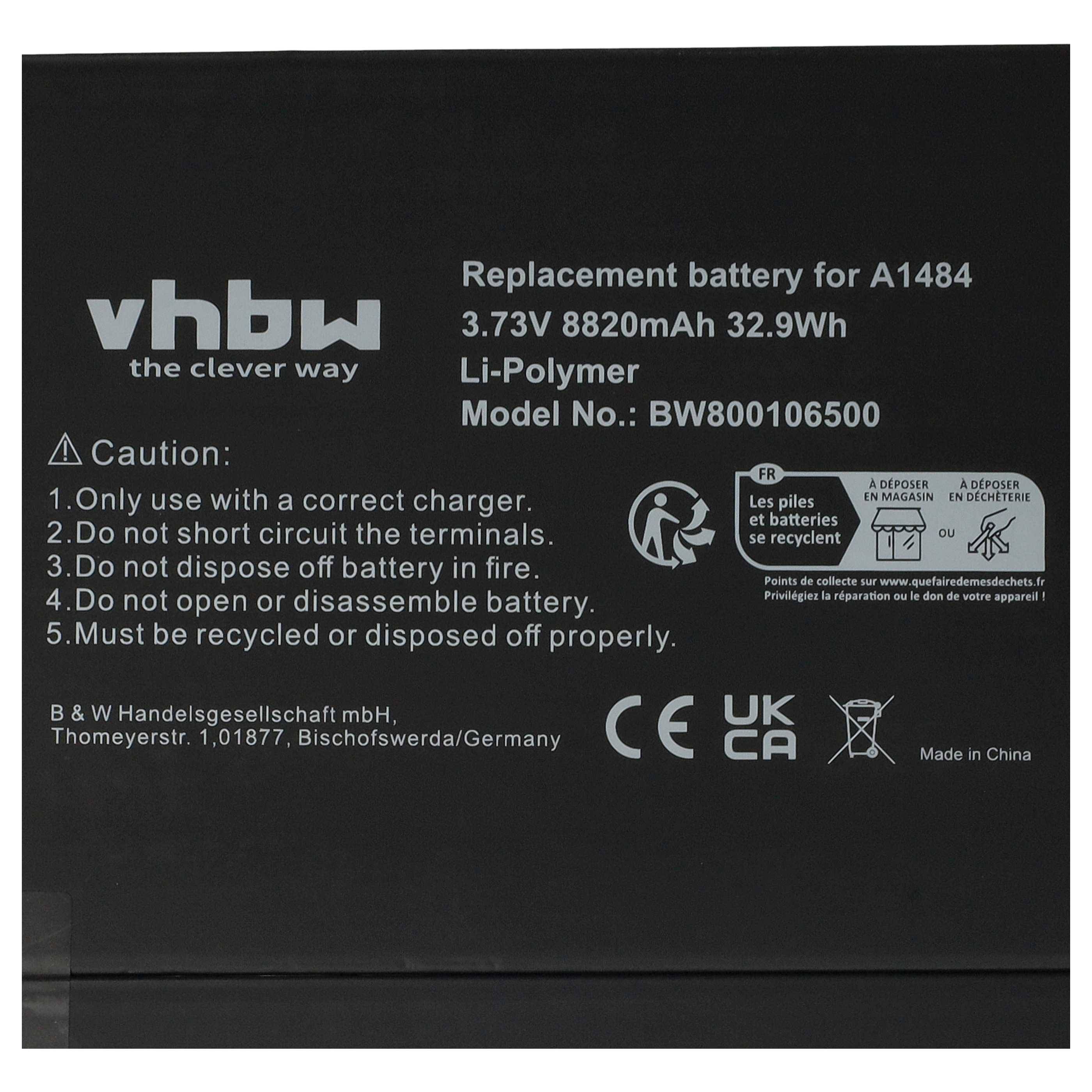 Ersatzbatterie für A1484, 3,73V, 8820mAh, 32,9Wh, Li-Polymer. Modell BW800106500. Achtung: Beachten Sie die korrekten Lade- und Entsorgungsanweisungen.