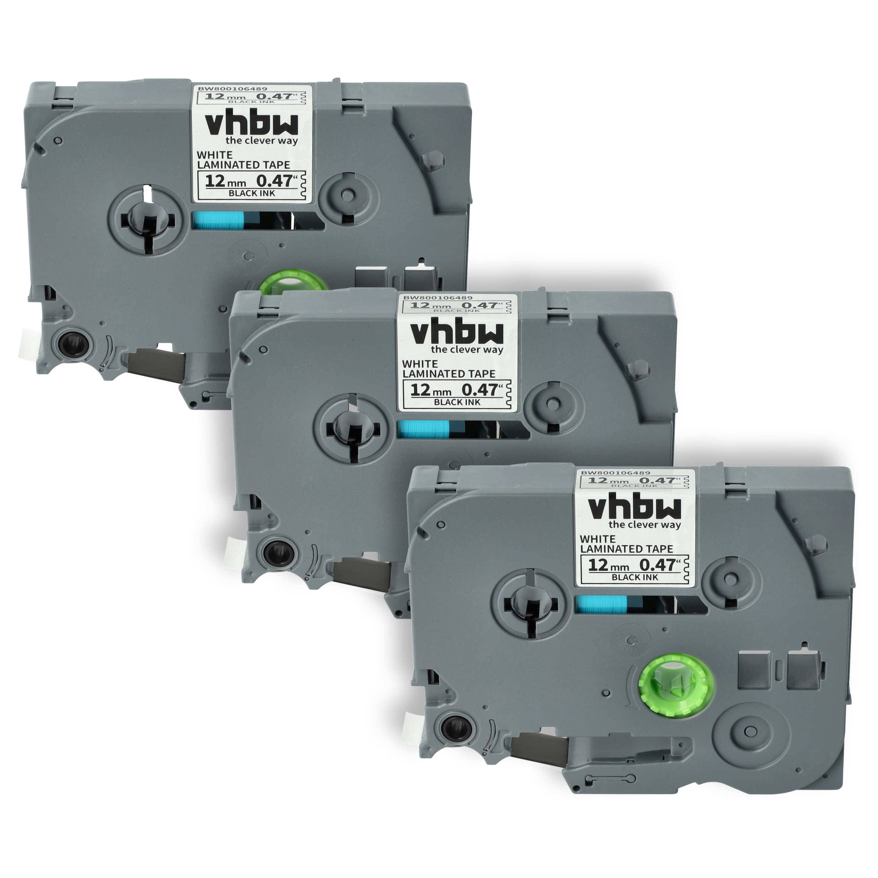 vhbw 3x Schriftband-Kassette kompatibel mit Brother PT E300VP | E300, E115, GL-100, H100, E200, H100LB, H100L Etiketten-Drucker 12mm Schwarz auf