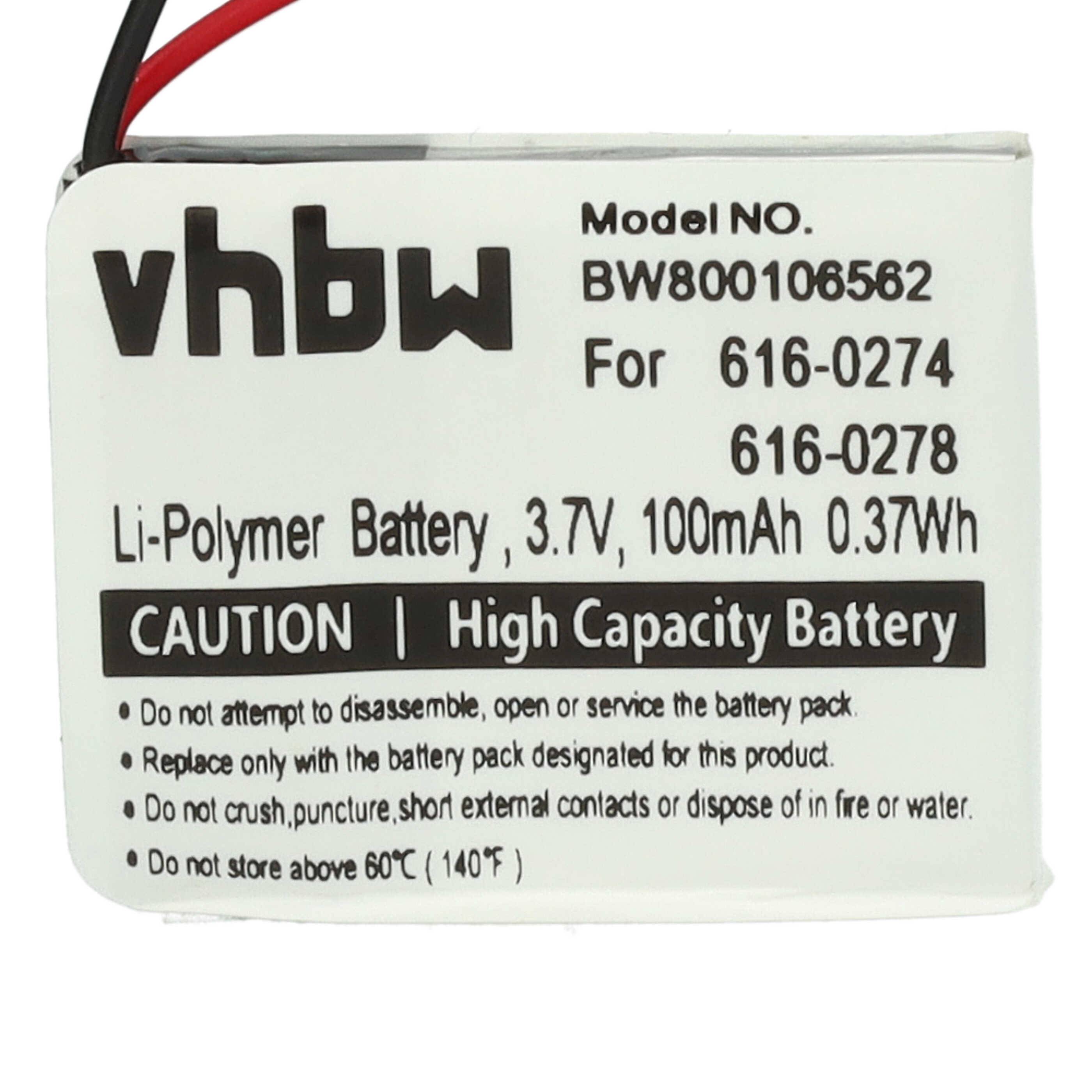Batterieaufkleber liest: 'Modell NR. BW806106562', '3,7V, 100mAh', 'VORSICHT | Hochkapazitätsbatterie'. Gibt Handhabungs- und Entsorgungsanweisungen an.