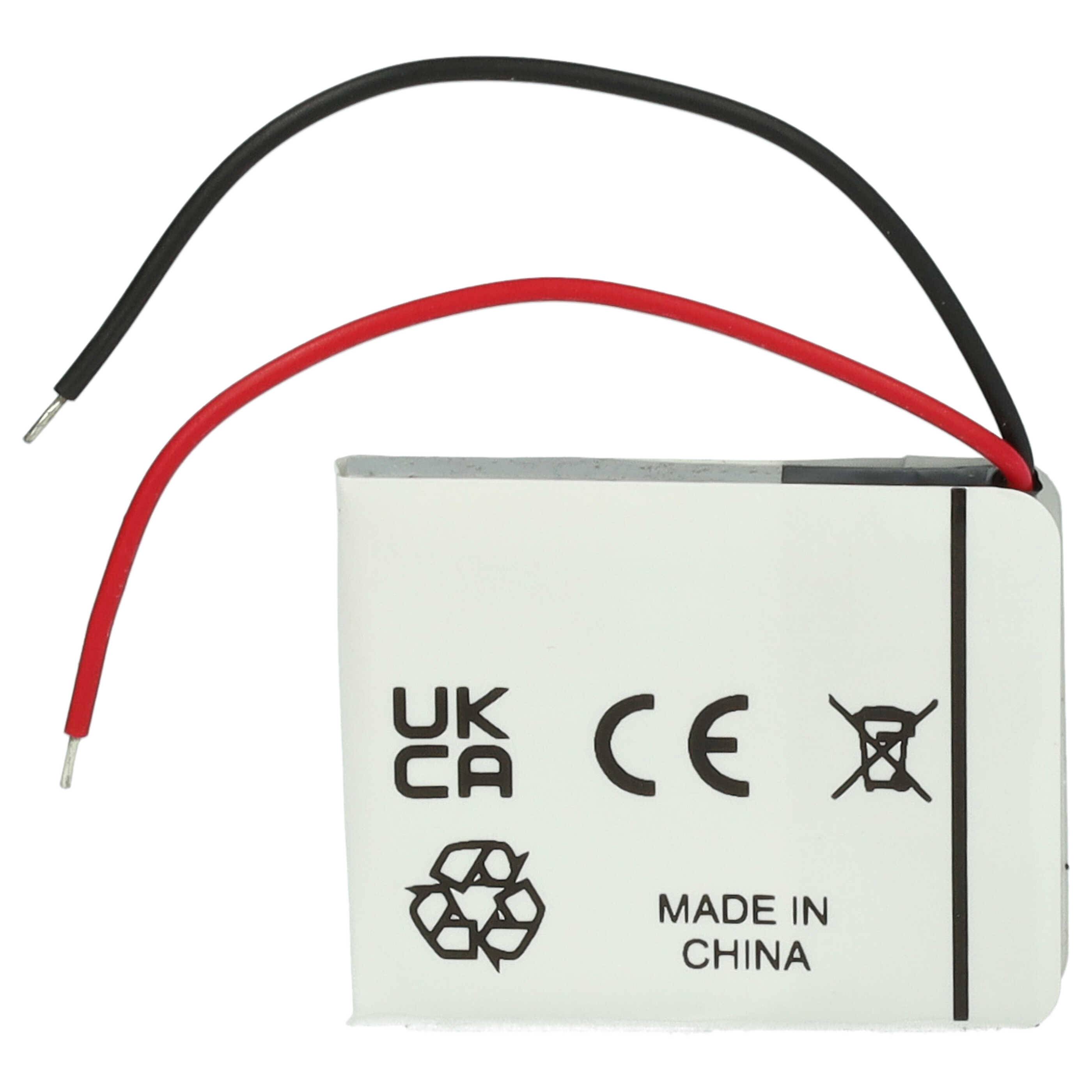 Eine kleine weiße Batterie mit roten und schwarzen Kabeln, die Symbole für UKCA, CE, Recycling und den Text „Made in China