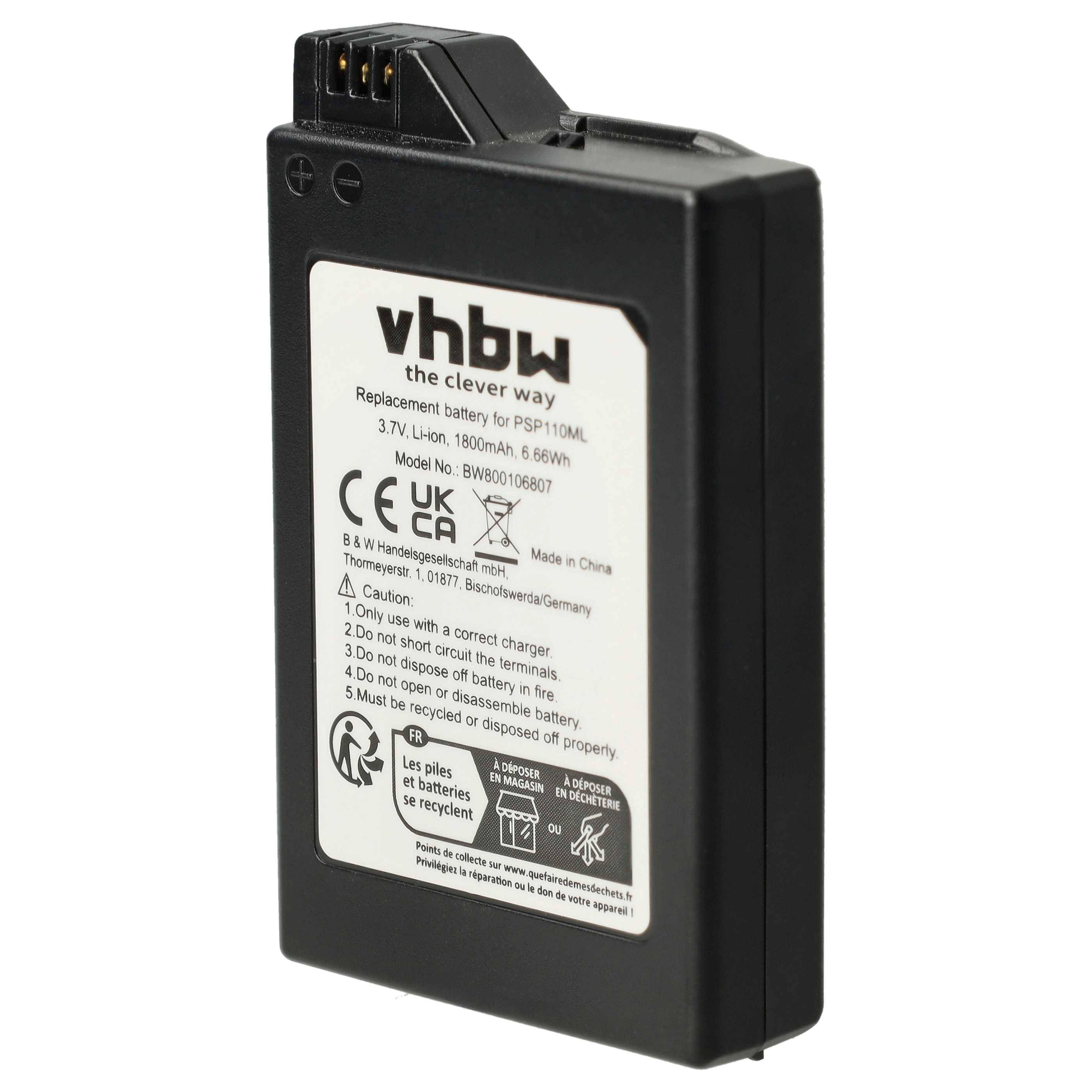 vhbw Akku kompatibel mit Sony Playstation Portable PSP-1000, PSP-1000K-CW, PSP-1001, PSP-1004, PSP-1006 - Ersatz für PSP-110, PSP-280G (1800mAh)