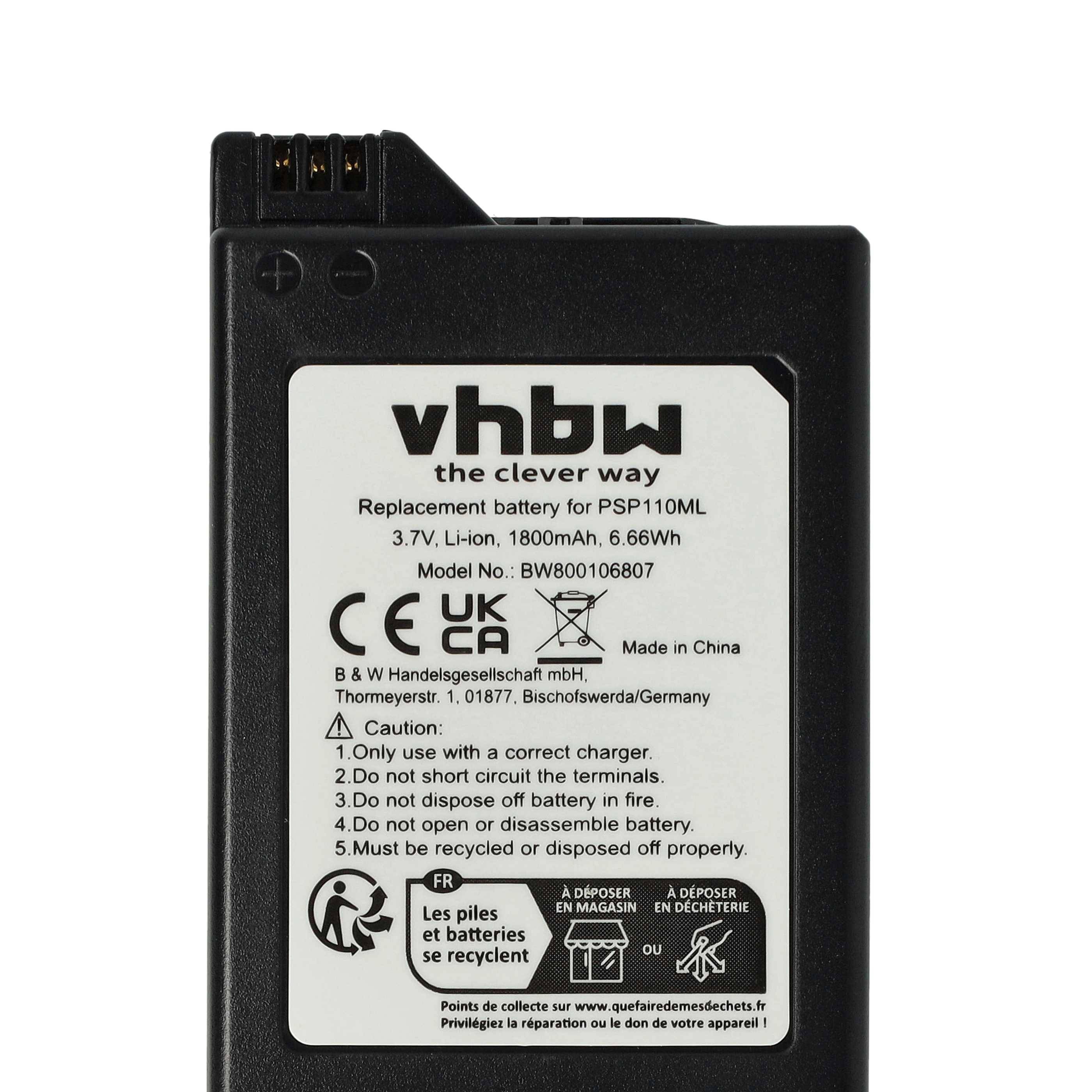 vhbw Akku kompatibel mit Sony Playstation Portable PSP-1000, PSP-1000K-CW, PSP-1001, PSP-1004, PSP-1006 - Ersatz für PSP-110, PSP-280G (1800mAh)
