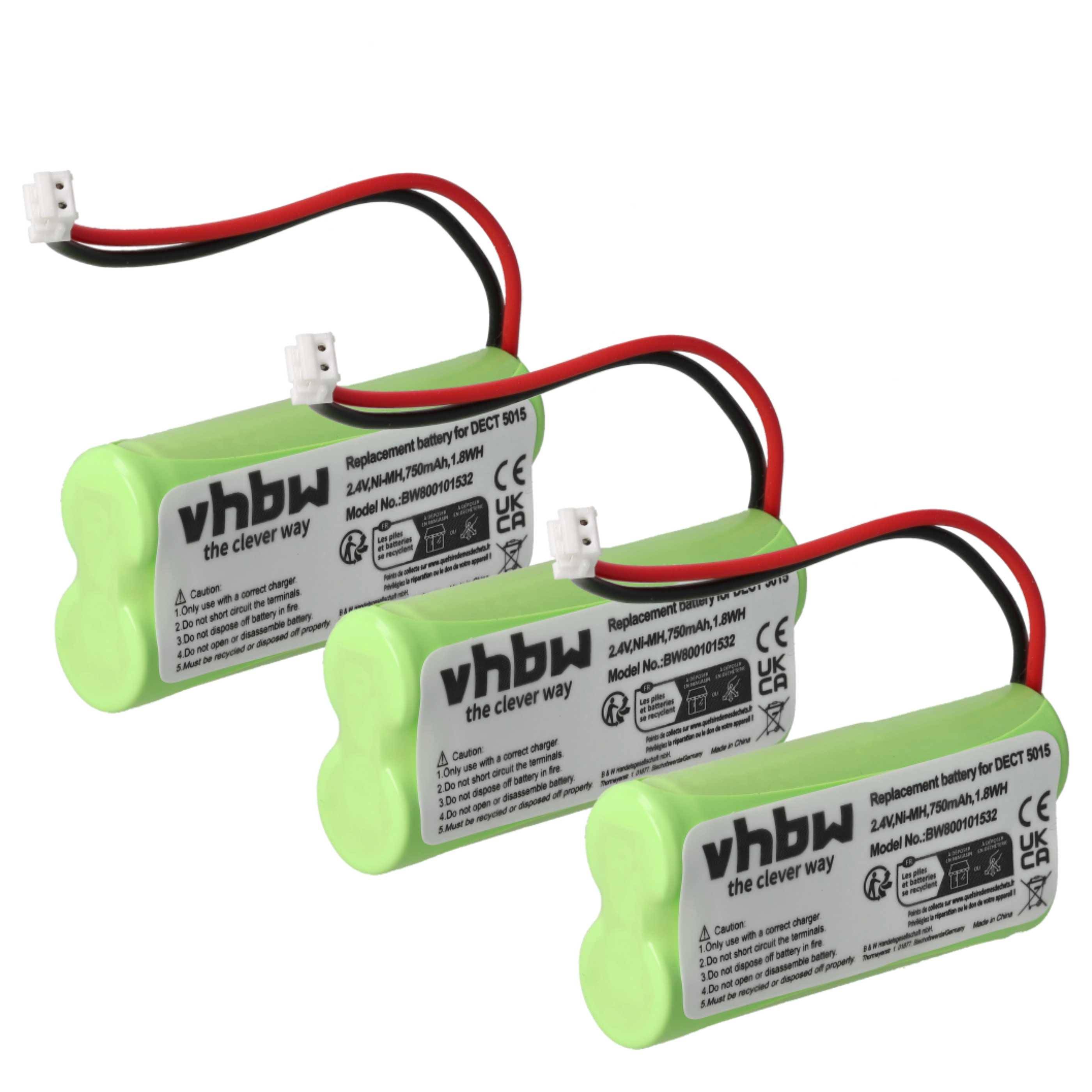 Drei grüne wiederaufladbare Batterien mit roten und schwarzen Kabeln, mit der Beschriftung „vhbw Ersatzbatterie für DECT 5915