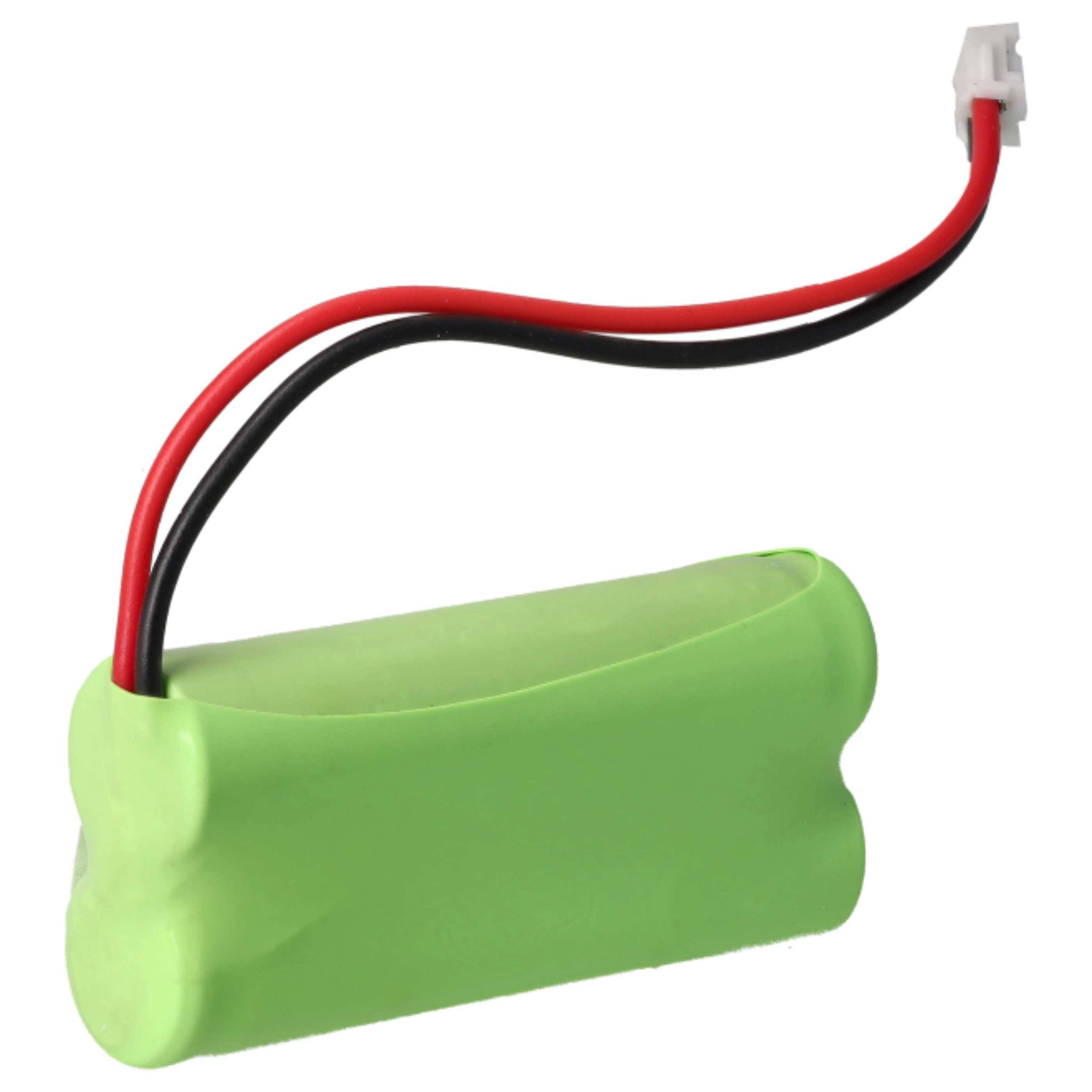 Eine grüne wiederaufladbare Batterie mit roten und schwarzen Drähten und einem weißen Anschluss, die für elektronische Geräte verwendet wird.