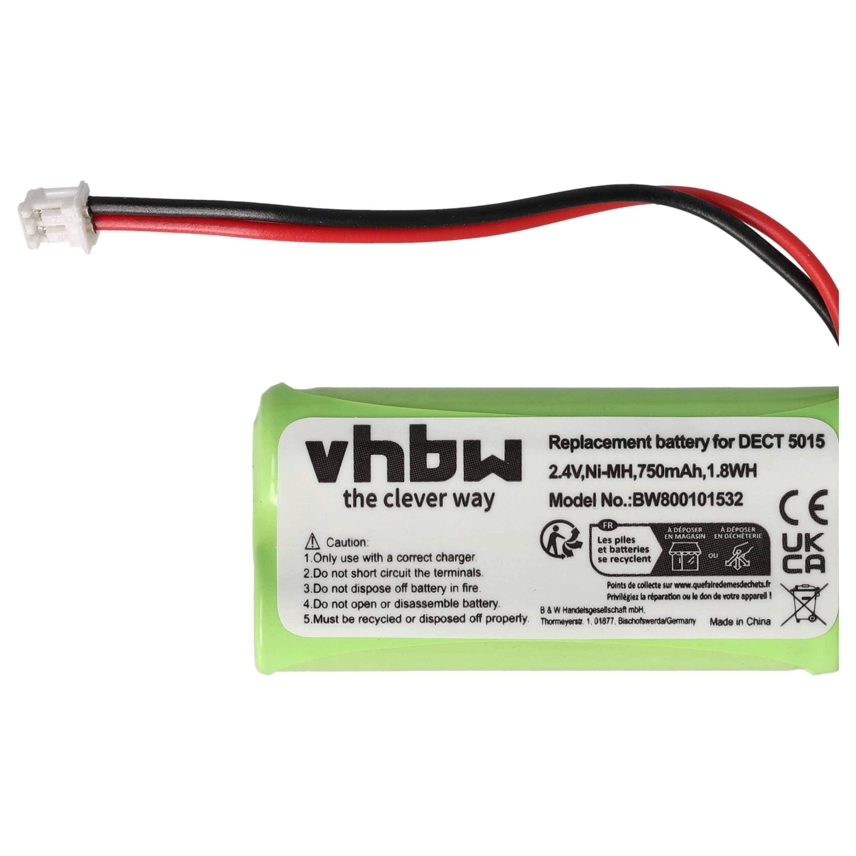 „Ein grüner vhbw Ersatzakku für DECT 5015, 2,4V Ni-MH, 750mAh, 1,8Wh, mit Warnsymbolen und einem kleinen weißen Stecker, der an Drähten befestigt ist.