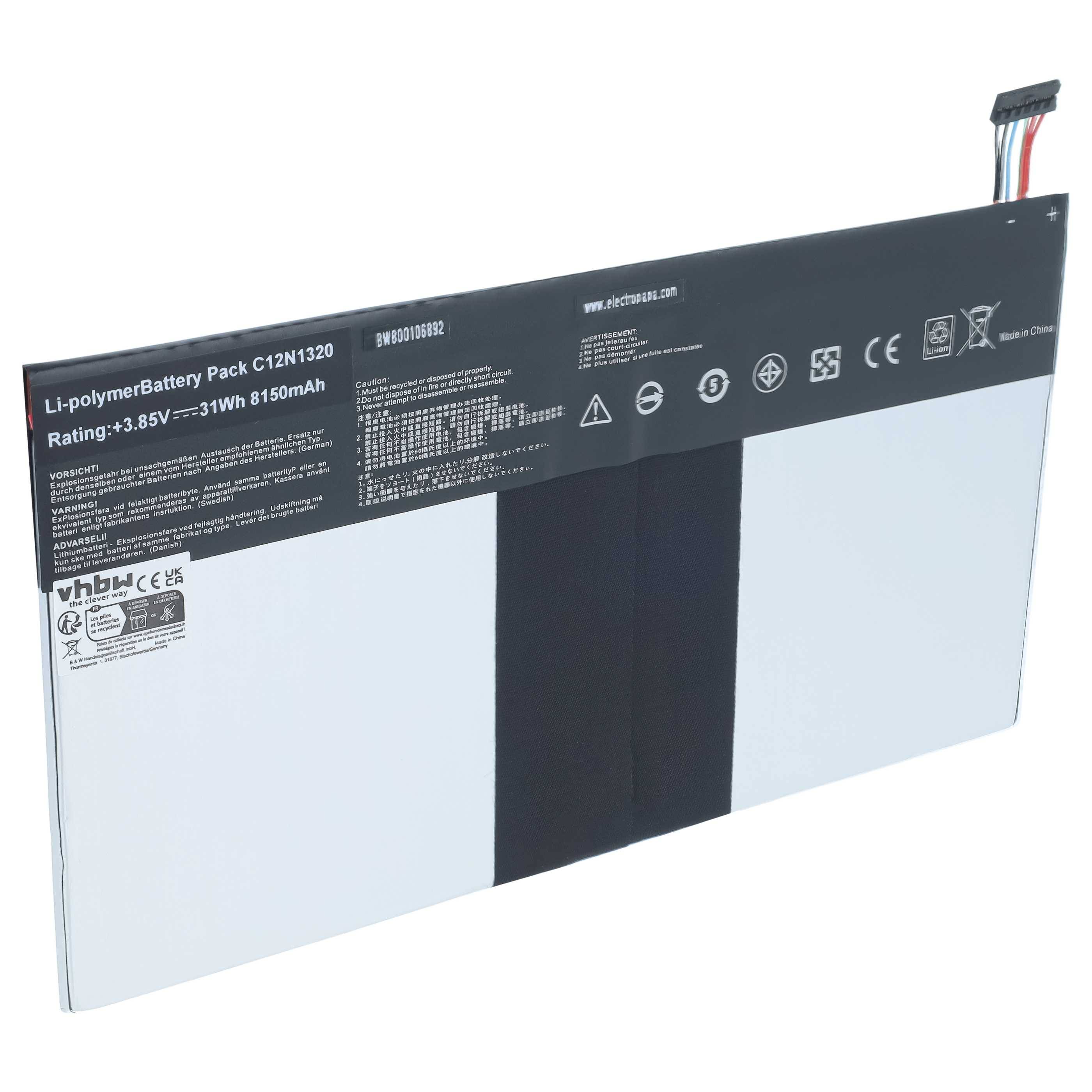Flache Lithium-Polymer-Batterie mit angebrachtem Stecker, Bezeichnung C12N1320, Nennwert +3,85V 31Wh 8150mAh.