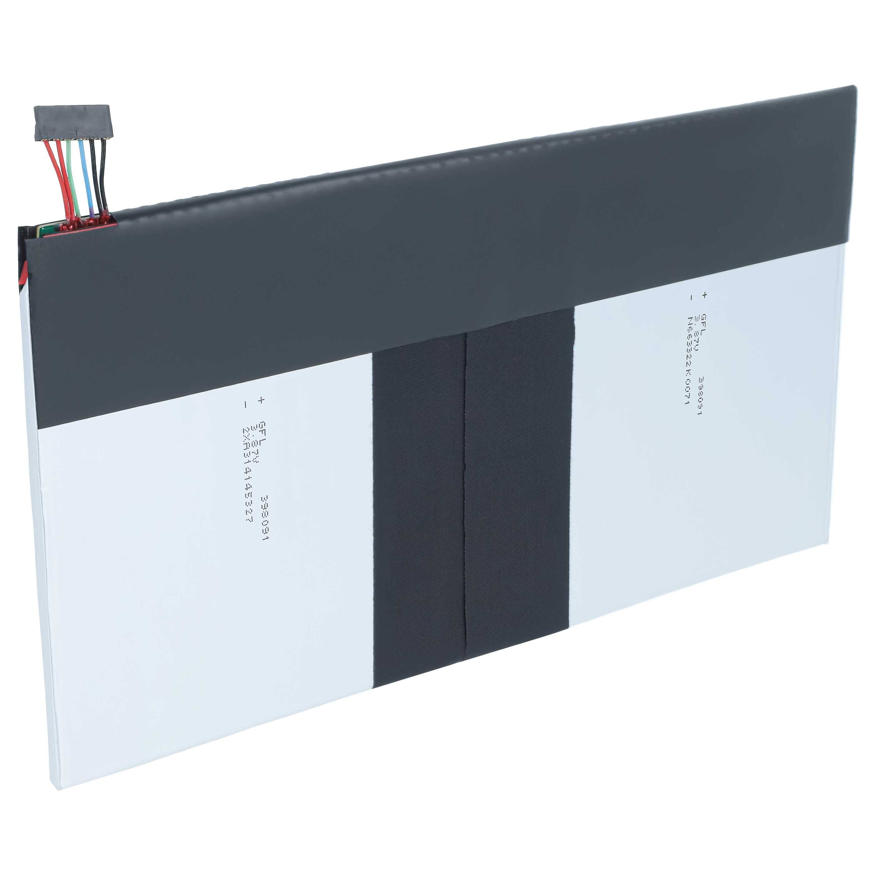 Ein flaches rechteckiges Batteriepaket mit angebrachtem Verdrahtungsstecker, gezeigt auf weißem Hintergrund.