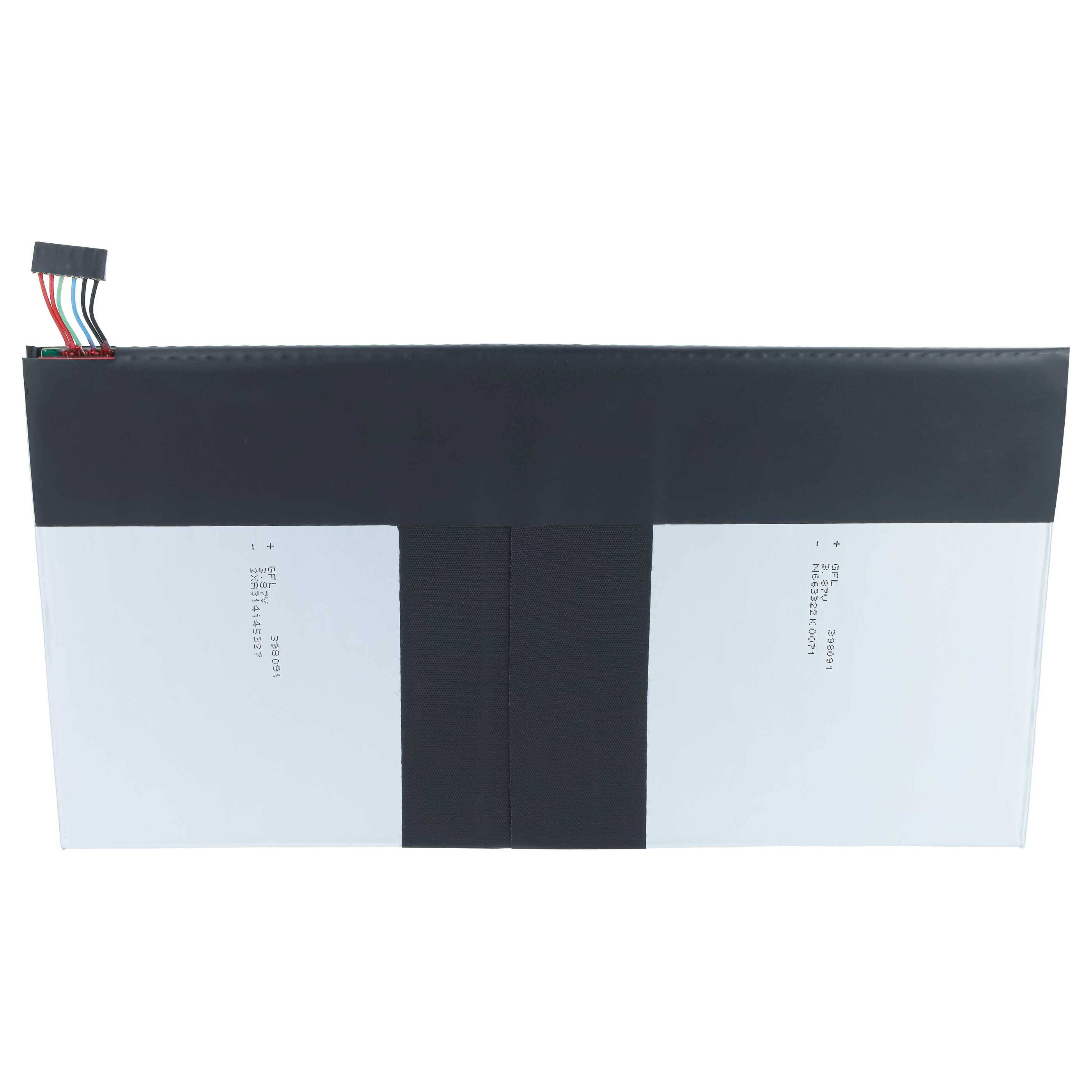 Rechteckiges Batteriepaket mit schwarzer Oberseite und mittlerem Band, zwei weißen Seitenzellen und einem kleinen Drahtanschluss, der oben links hervorsteht.