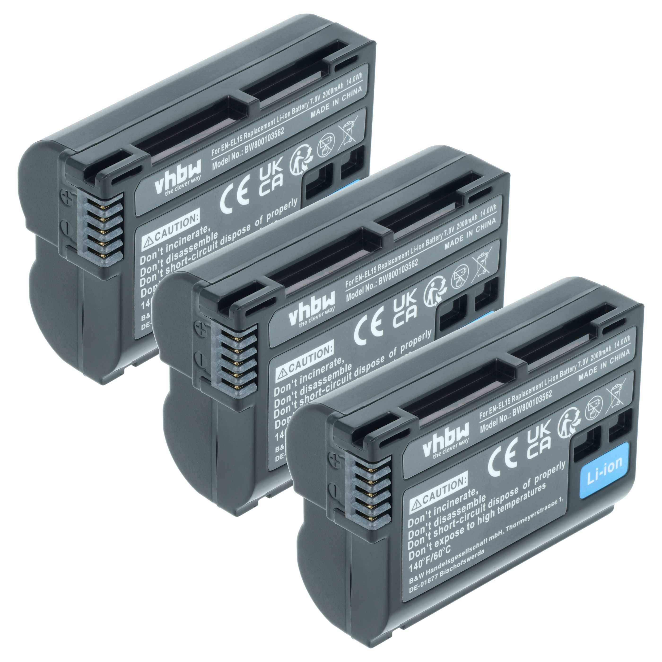 vhbw 3x Akku kompatibel mit Nikon D800, D7000, D800E, D810, D7200, D750, D500, D7500, D8000, D780 Kamera (2000 mAh, 7 V, Li-Ion), Infochip