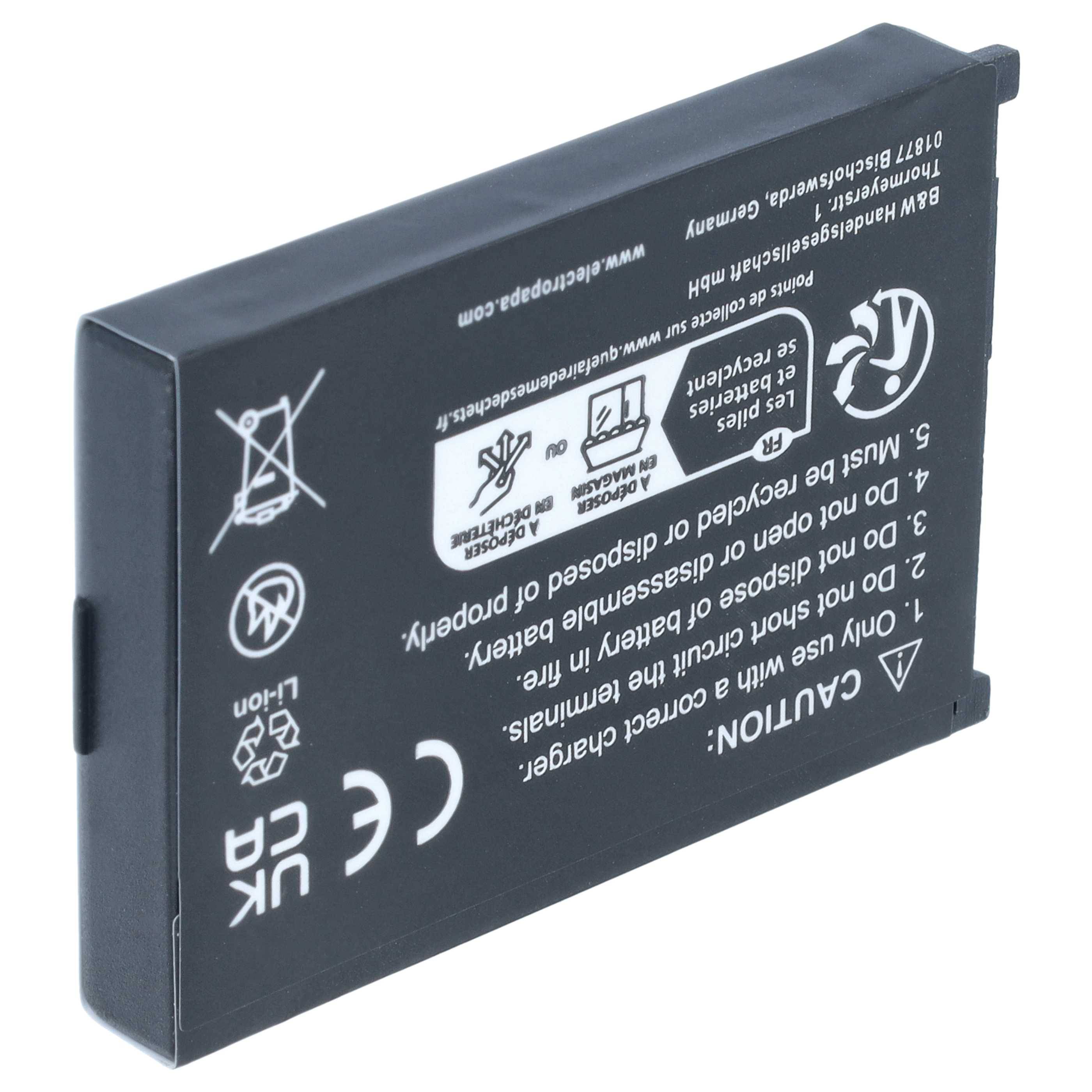 Schwarzes wiederaufladbares Batteriepaket mit gedruckten Warn- und Recycling-Symbolen, dargestellt vor weißem Hintergrund.