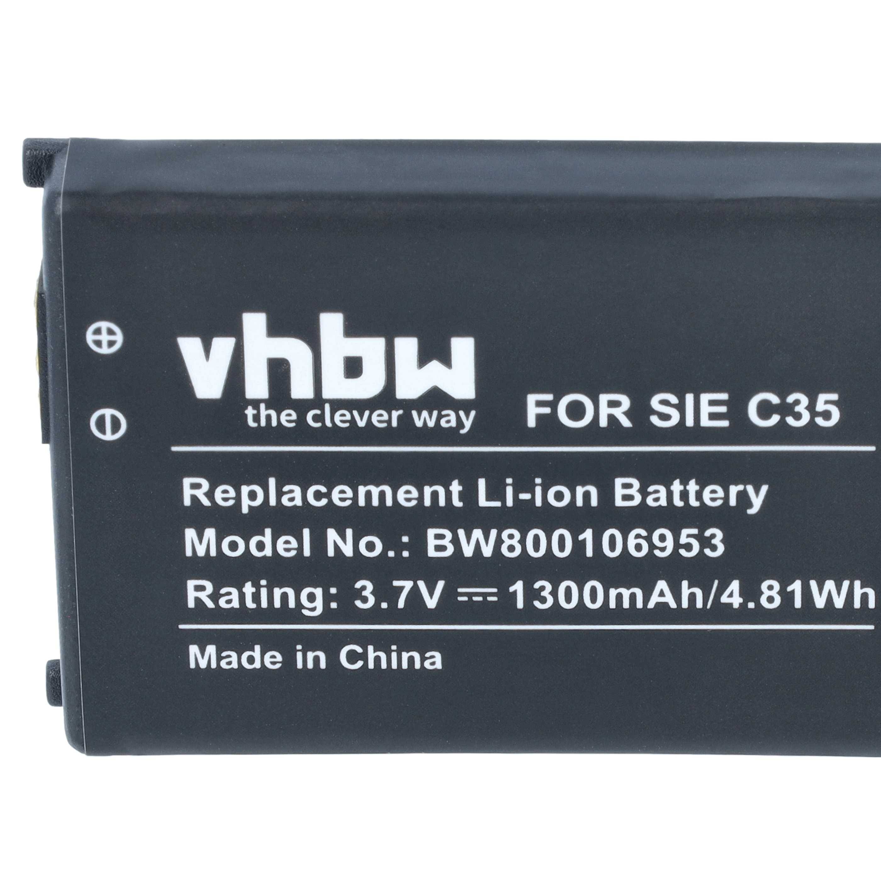 Schwarzer vhbw Ersatz-Li-Ionen-Akku für SIE C35, Modell BW800106953, mit 3,7V 1300mAh/4,81Wh, hergestellt in China.