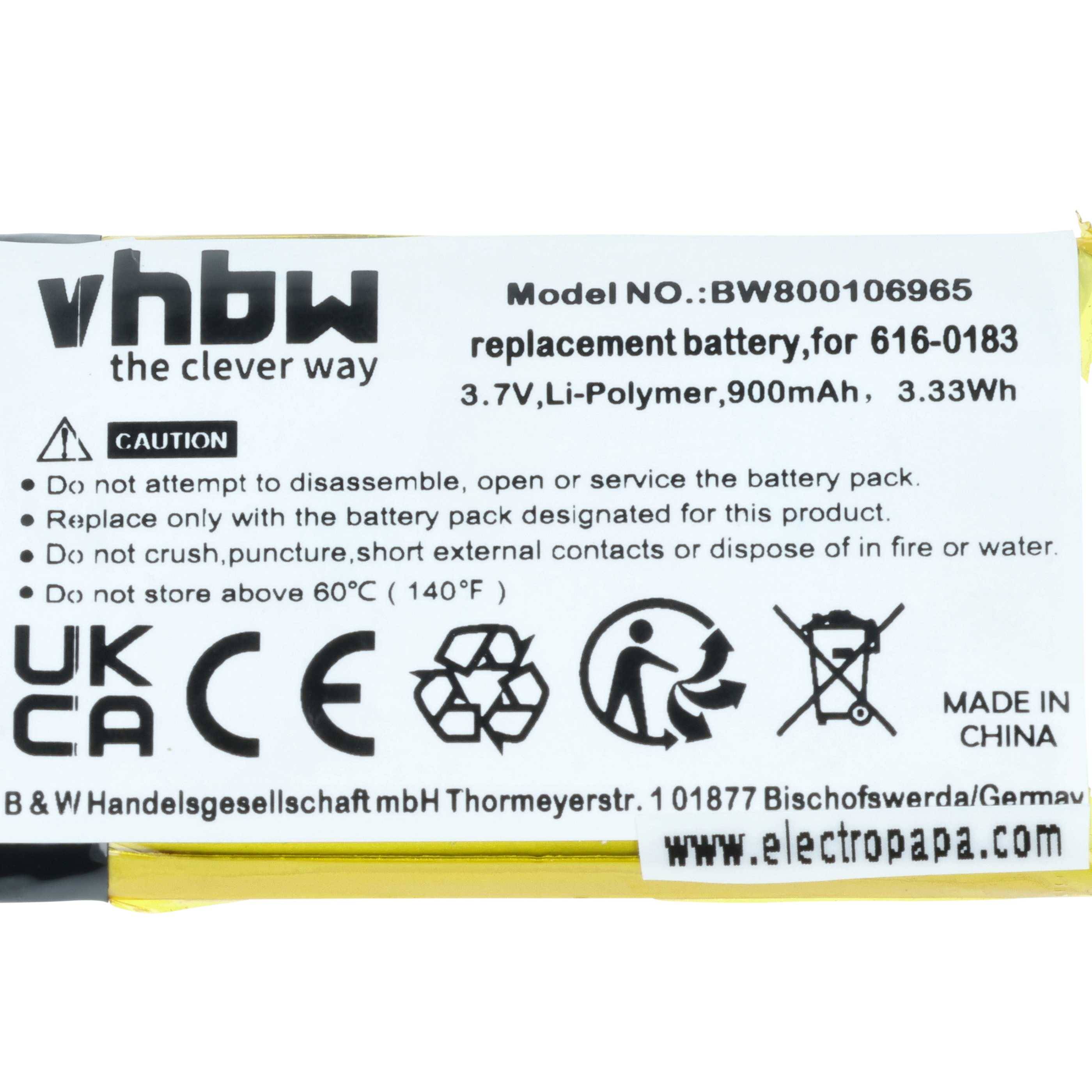 vhbw Akku kompatibel mit Apple iPod Photo 30GB M9829FD/A, 30GB M9829FE/A, 30GB M9829J/A MP3-Player Musik Player (900 mAh, 3,7 V, Li-Ion)