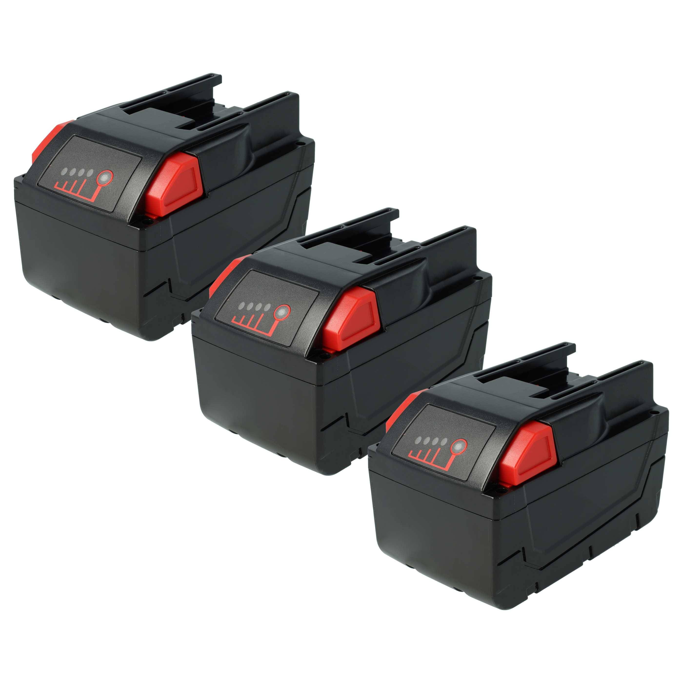 Drei schwarze und rote Elektrowerkzeug-Akkus, jeder mit einer vier-Licht-LED-Anzeige, sind nebeneinander auf einem schlichten weißen Hintergrund angeordnet.