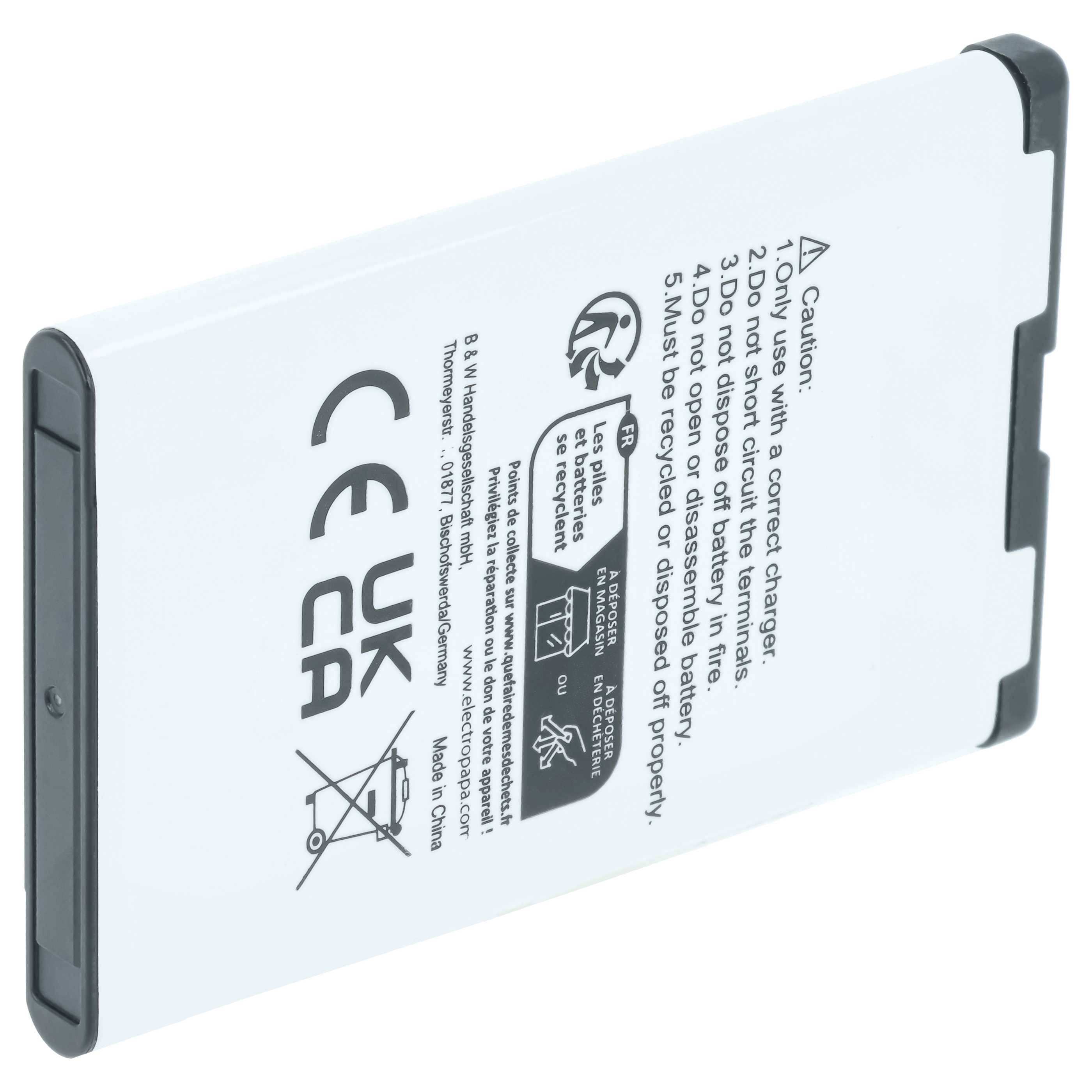 Ein rechteckiger Lithium-Ionen-Akku mit Sicherheitsanweisungen und Zertifizierungssymbolen wie CE und UKCA auf seiner Oberfläche.