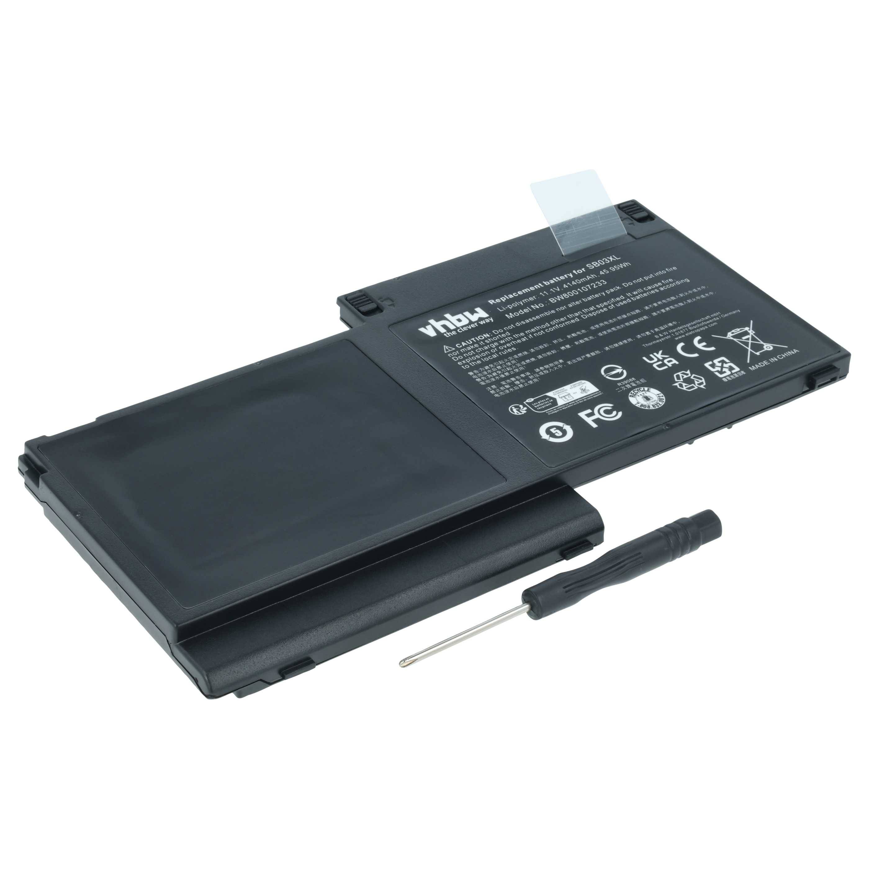 Eine wiederaufladbare Lithium-Ionen-Batterie mit einem schwarzen Kunststoffgehäuse und einem kleinen Schraubendreher. Die Batterie hat sichtbare Spezifikationen und Sicherheitssymbole.