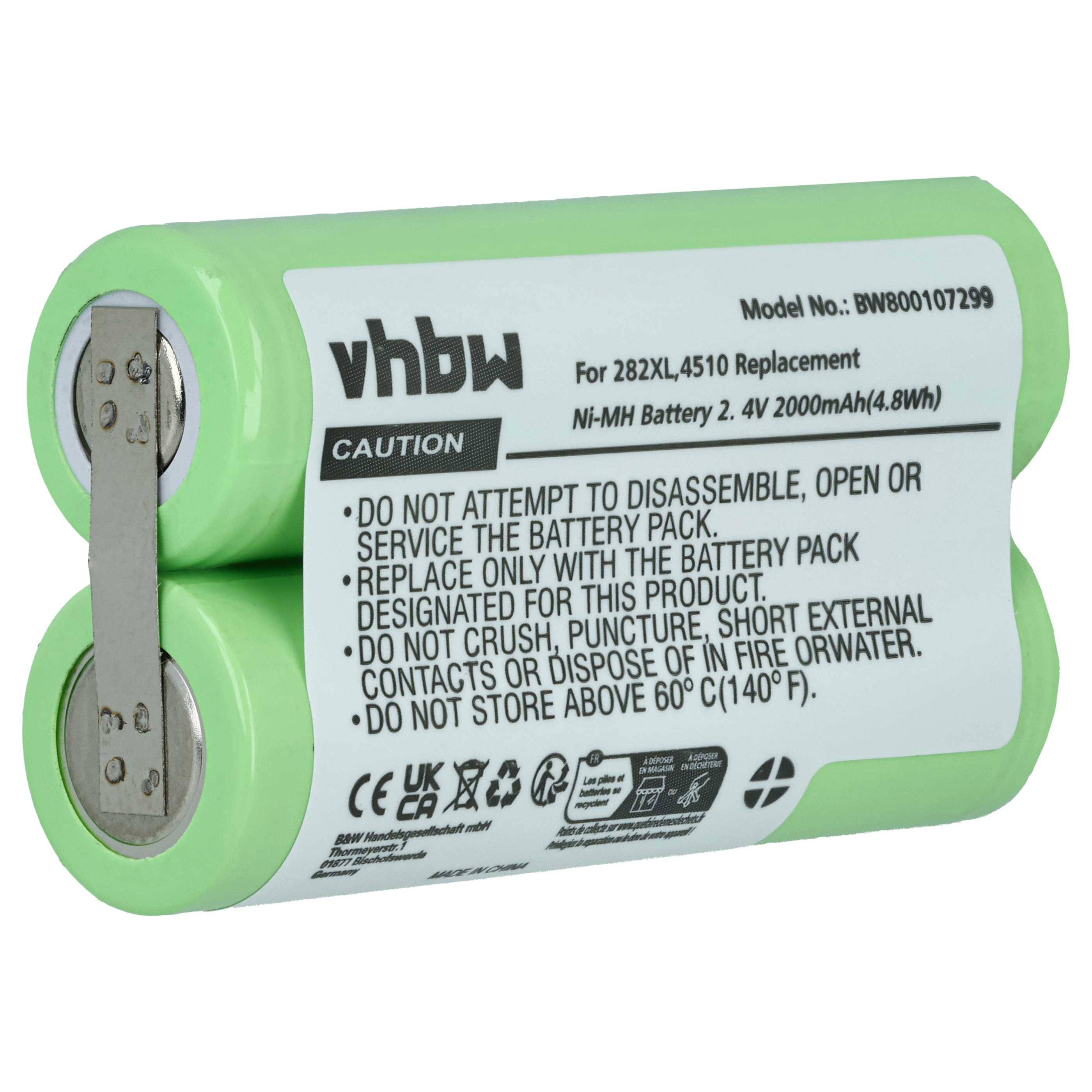Grünes vhbw Ni-MH-Akku-Set mit Kennzeichnung für 282XL4510-Ersatz, 2,4V 2000mAh, mit Vorsichts- und Sicherheitswarnungen auf dem Etikett gedruckt.