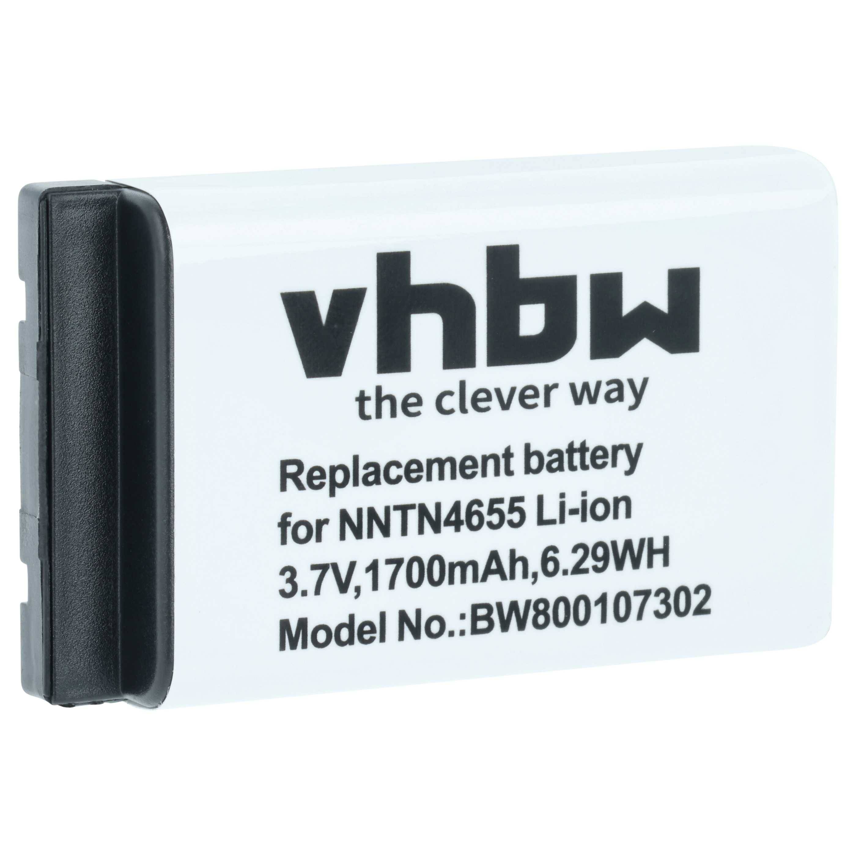 Ersatzbatterie für NNTN4655, Li-Ion, 3,7V, 1700mAh, 6,29Wh. Modellnummer BW800107302. Weißes Gehäuse mit Text 'vhbw' und 'the clever way'.