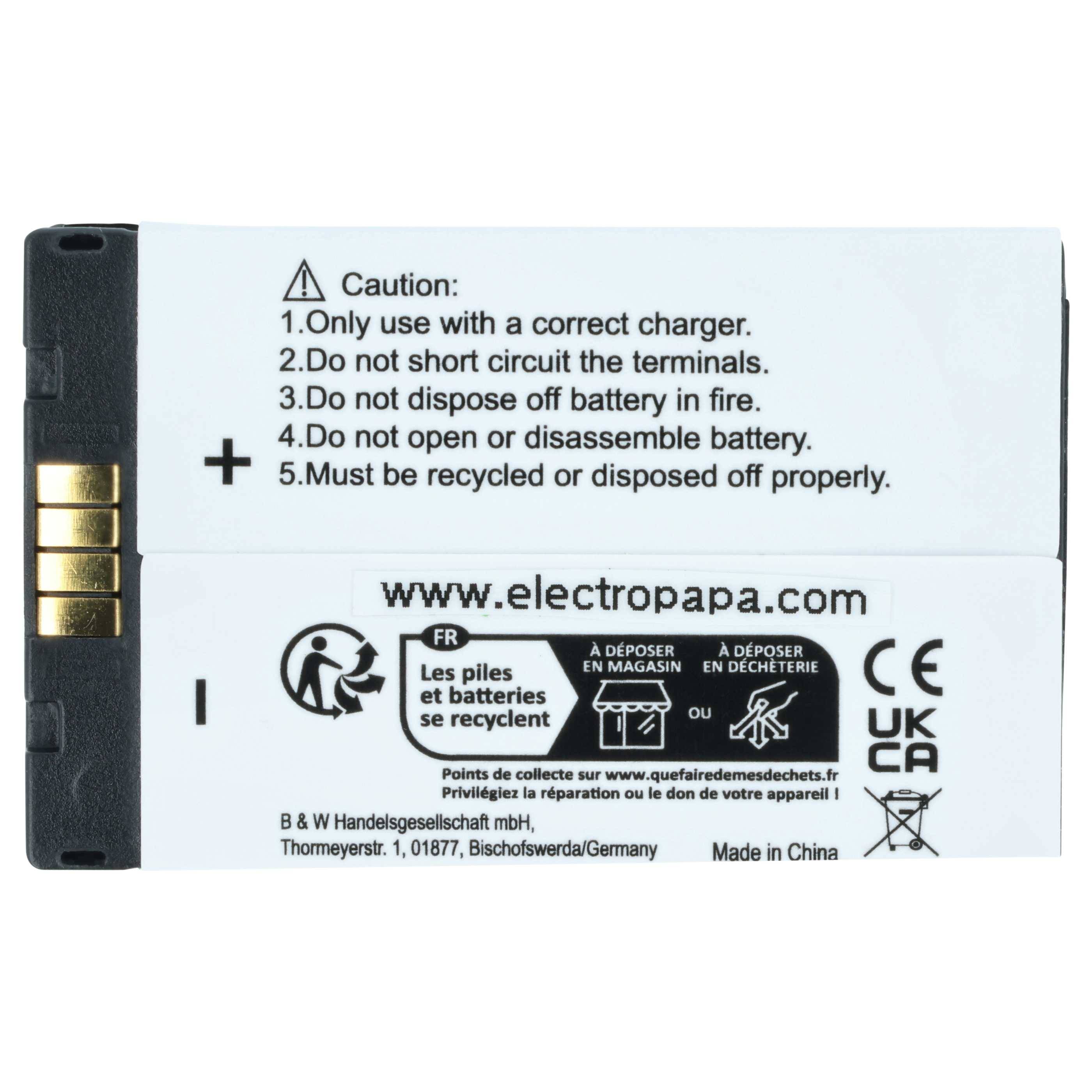 Elektropapa-Batterie mit Anweisungen: 1. Richtiges Ladegerät verwenden. 2. Kurzschluss vermeiden. 3. Batterie entsorgen. 4. Nicht öffnen/auseinandernehmen.
