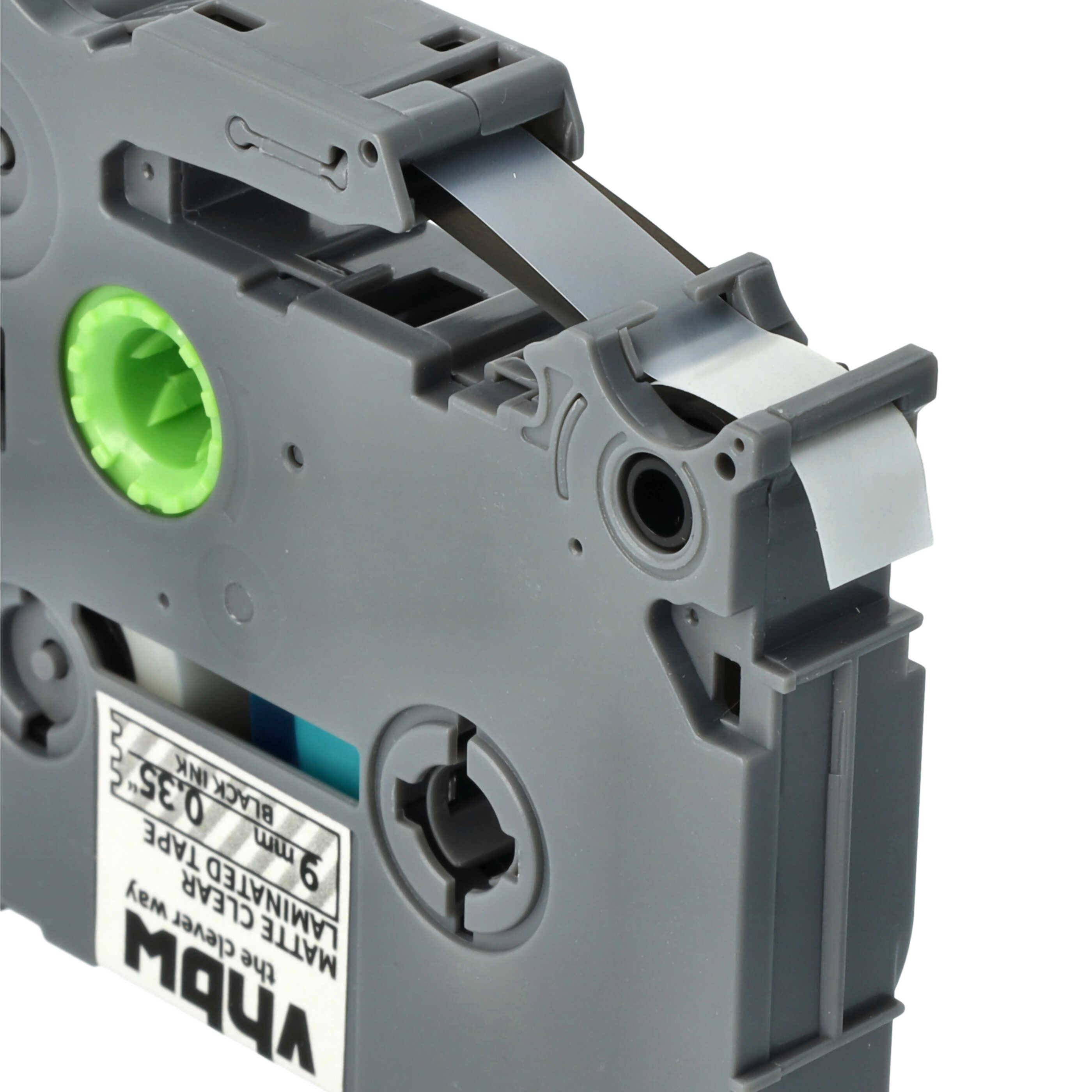 vhbw Schriftband-Kassette kompatibel mit Brother PT 9400, 9000-Serie, 9200PC, 9200DX, 900F Etiketten-Drucker 8m x 9mm Schwarz auf Matt-Transparent