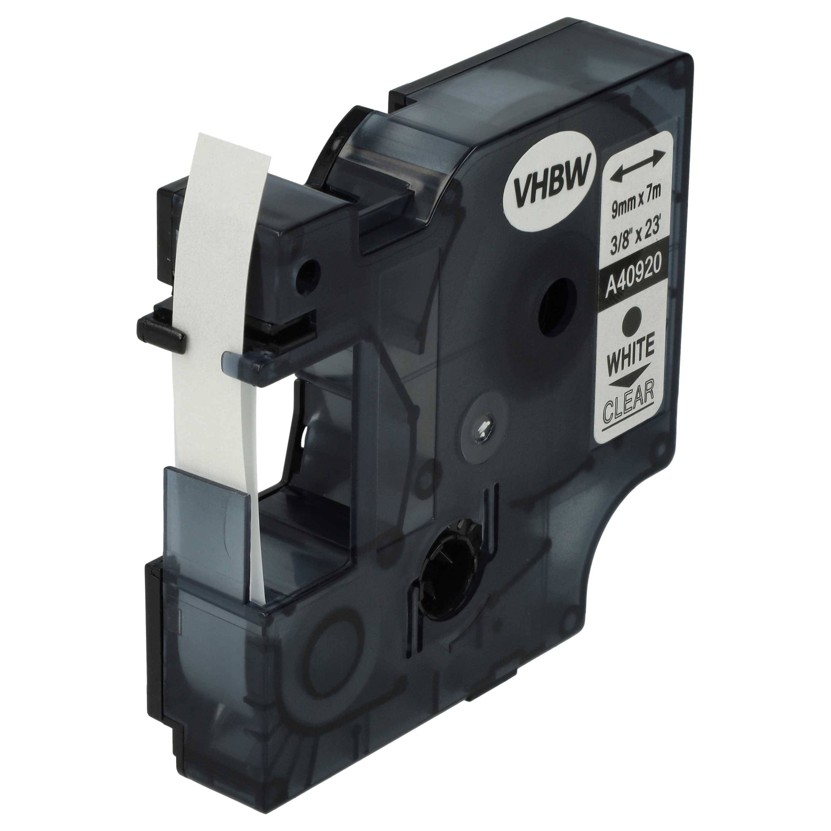 vhbw Schriftband-Kassette kompatibel mit Dymo LabelManager 420P, 450D, 450, 500TS, 500, PC II Etiketten-Drucker 7m x 9mm Weiß auf Transparent