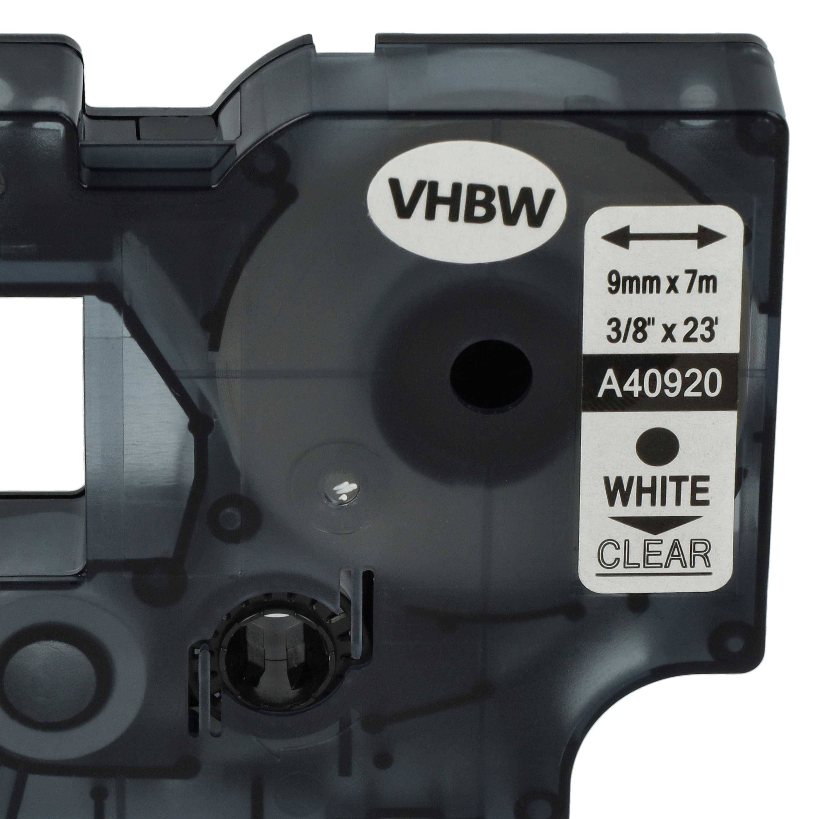 vhbw Schriftband-Kassette kompatibel mit Dymo LabelManager 420P, 450D, 450, 500TS, 500, PC II Etiketten-Drucker 7m x 9mm Weiß auf Transparent