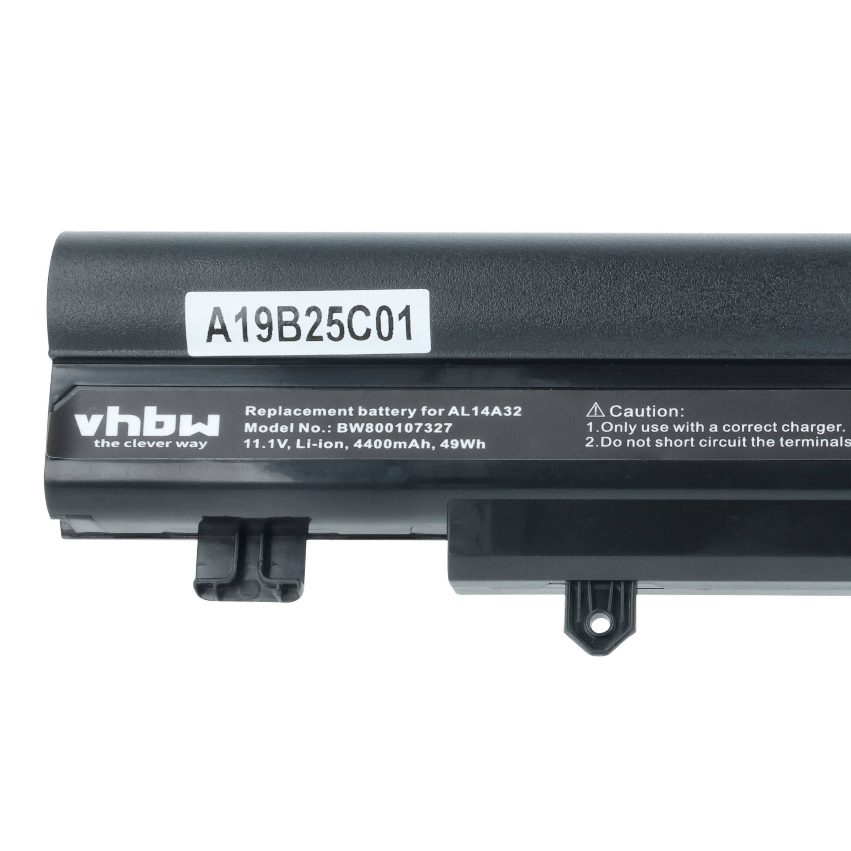 Eine schwarze Ersatzbatterie für AL14A32-Modelle, mit der Bezeichnung 'vhbw', mit Sicherheitswarnungen: 'Nur mit einem passenden Ladegerät verwenden. Kurzschluss vermeiden.
