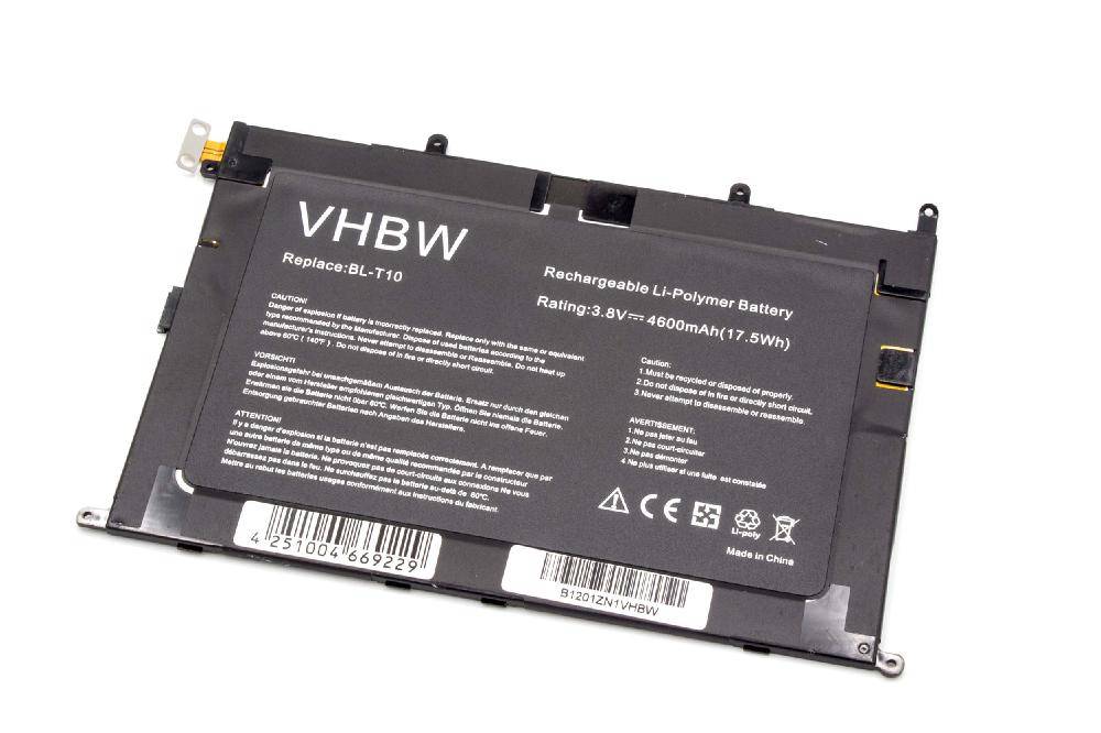 Eine rechteckige wiederaufladbare Li-Polymer-Batterie mit der Bezeichnung 'VHBW', Modell 'BL-T10', mit einer Nennspannung von 3,8V und 4.600 mAh, hergestellt in China.