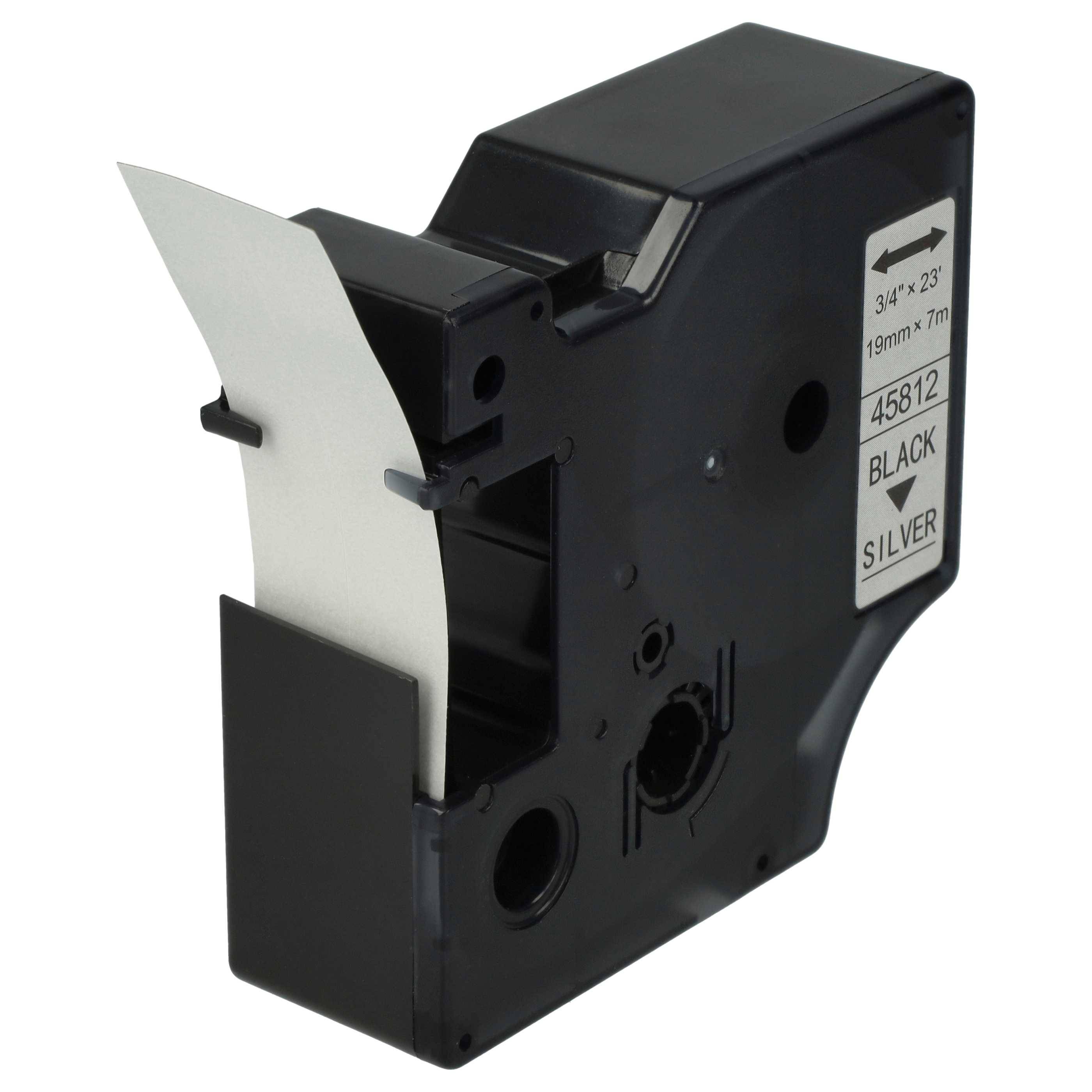 Schwarzweiße Etikettenkassette mit ausgefahrtem Papierstreifen, gekennzeichnet mit „19mm x 17m