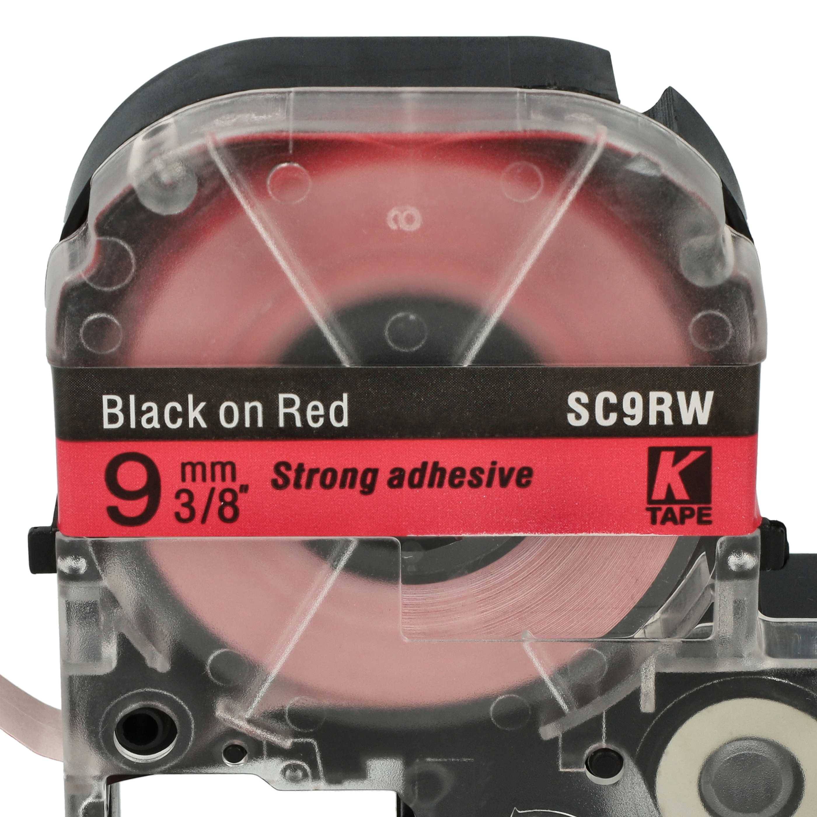 vhbw Schriftband-Kassette kompatibel mit KingJim SR-PBW1, SR-RK1, SR950 Etiketten-Drucker 8m x 9mm Schwarz auf Rot