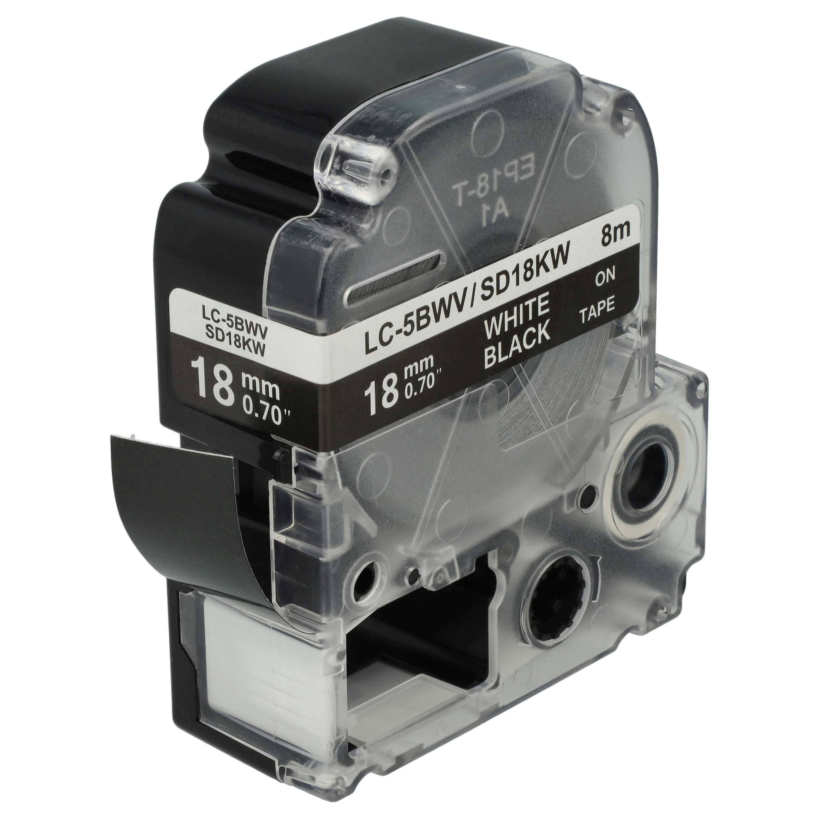 vhbw Schriftband-Kassette für KingJim SD18KW | Etiketten-Drucker 8m x 18mm Weiß auf Schwarz