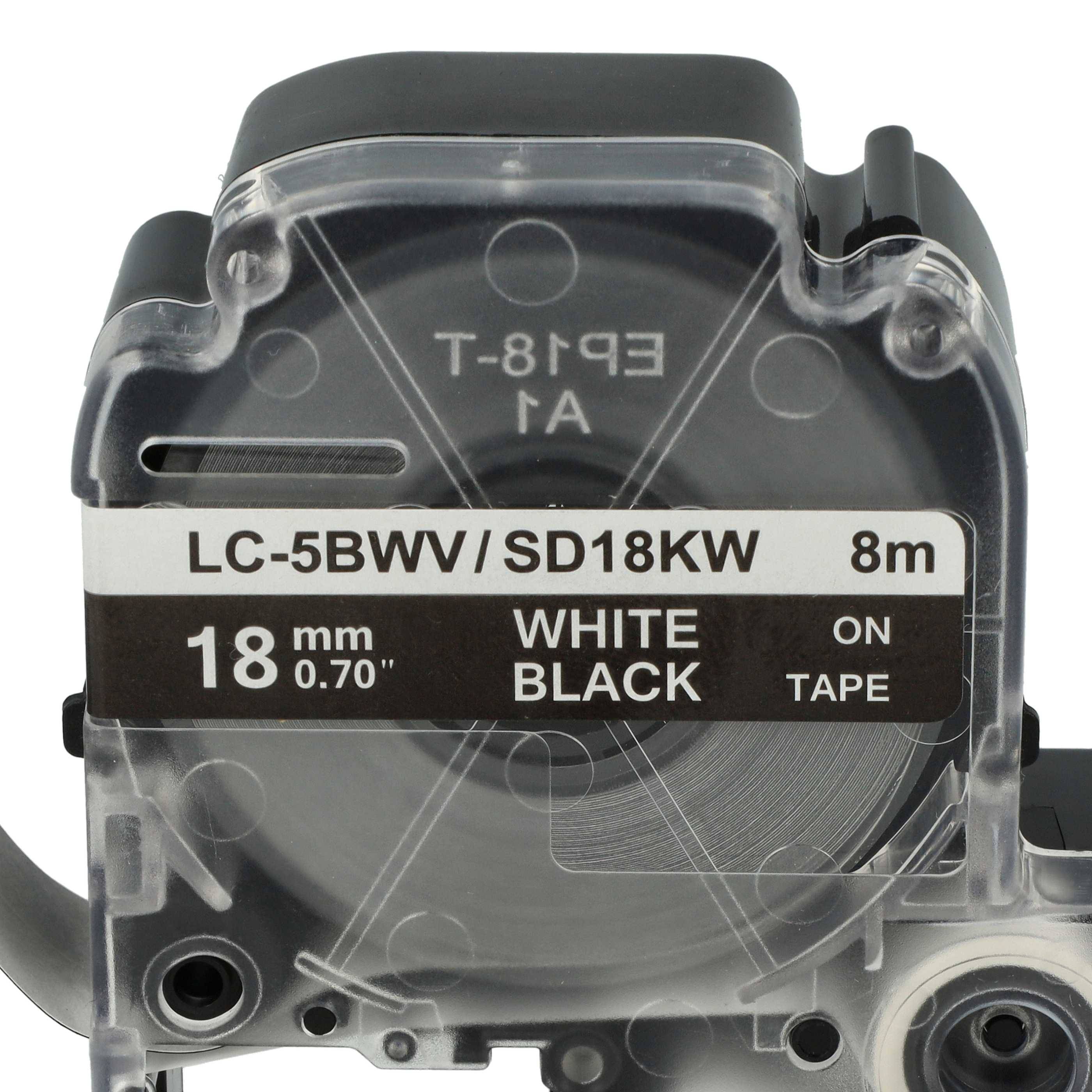 vhbw Schriftband-Kassette für KingJim SD18KW | Etiketten-Drucker 8m x 18mm Weiß auf Schwarz