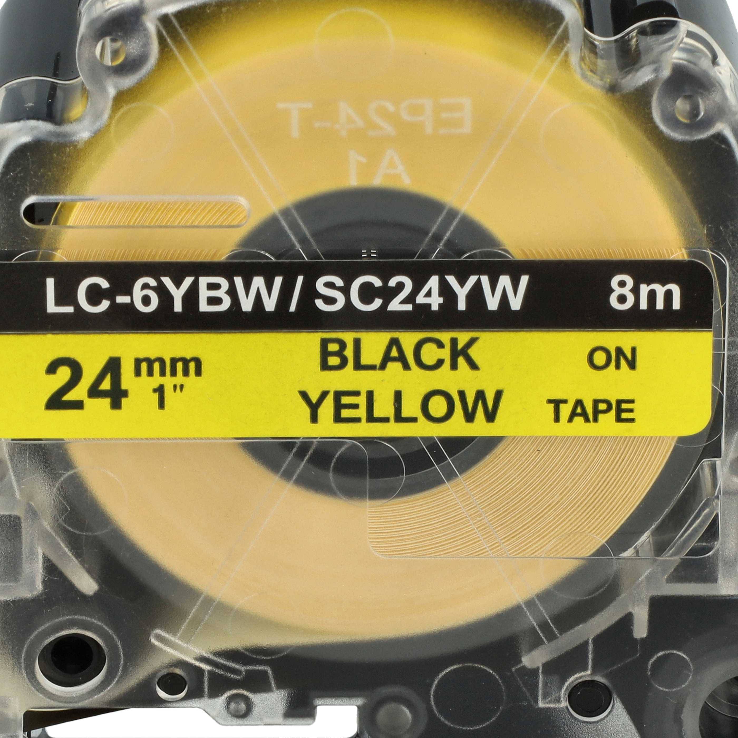 Etikett-Kassette mit schwarzem Text auf gelbem Band, 24 mm breit und 8 m lang, gekennzeichnet mit LC-6YBW/SC24YW und SCHWARZES GELBES BAND.