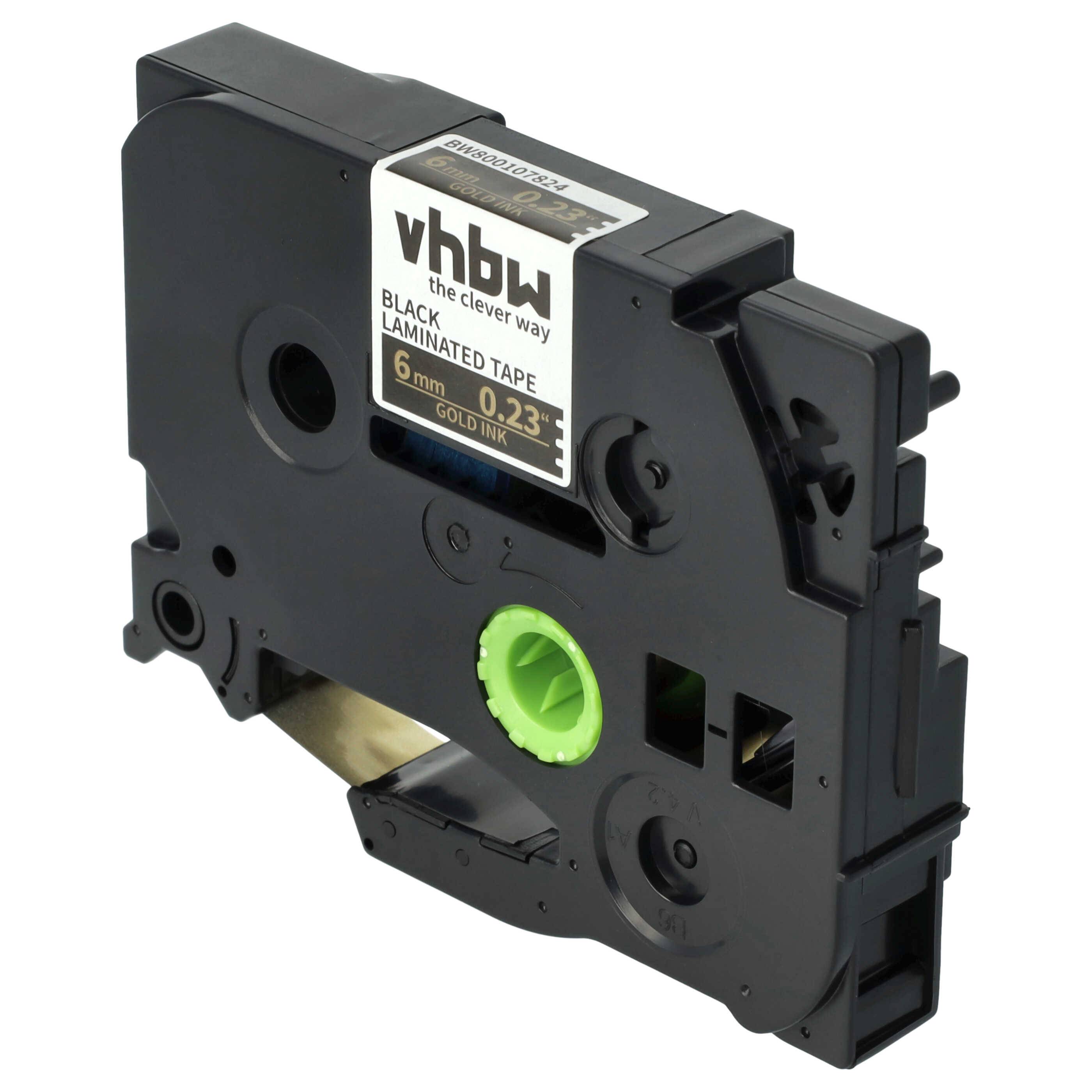 vhbw Schriftband-Kassette kompatibel mit Brother PT 2480 | 300, 3600, 350, 340, 310, 500-Serie, 300-Serie Etiketten-Drucker 8m x 6mm Gold auf