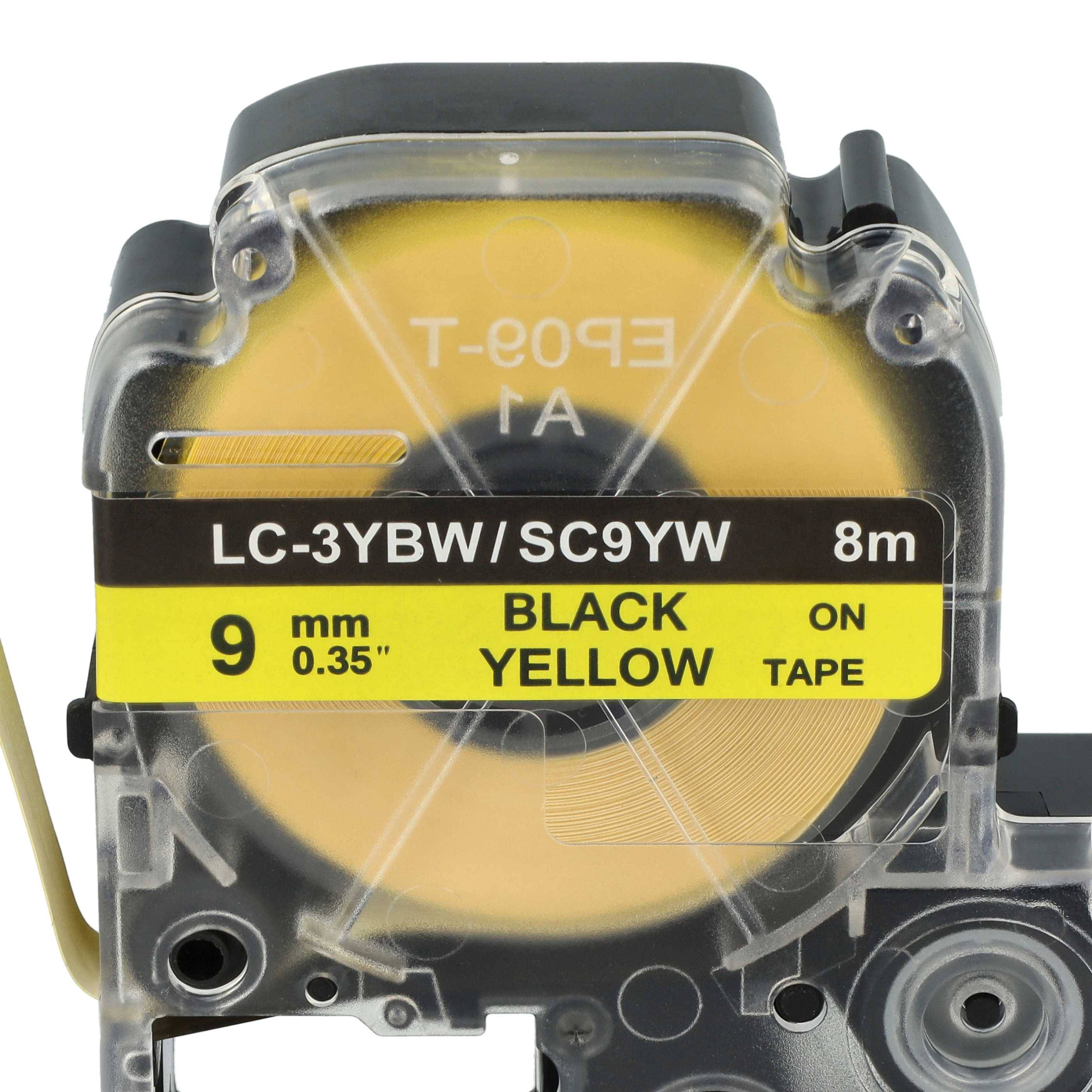 vhbw Schriftband-Kassette kompatibel mit KingJim SR530, SR550, SR530C, SR3900P, SR6700D, SR40, SR750 Etiketten-Drucker 8m x 9mm Schwarz auf Gelb