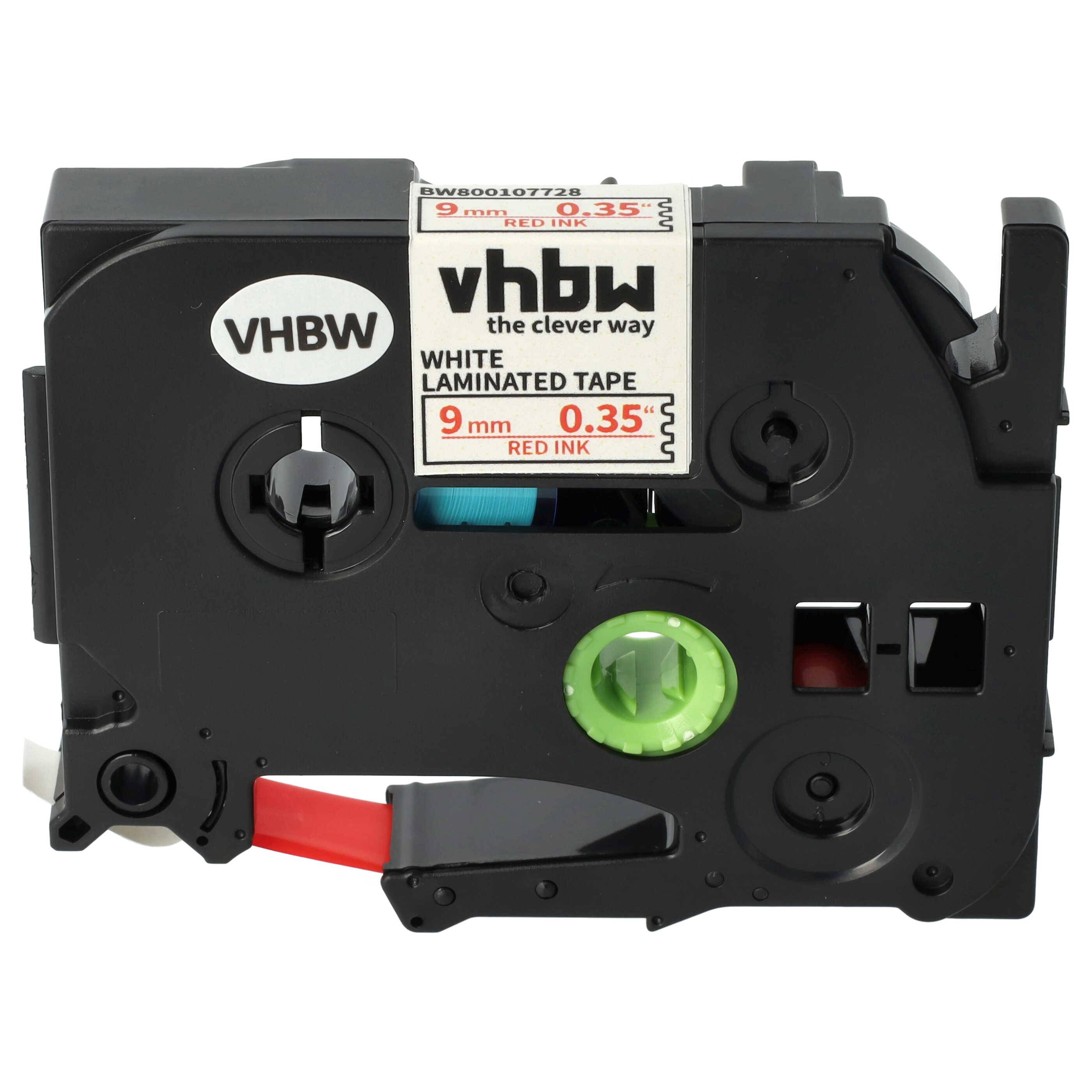 vhbw Schriftband-Kassette kompatibel mit Brother PT D600VP, P700, H100LB, H100R, E100, E100VP Etiketten-Drucker 8m x 9mm Rot auf Weiß, Kunststoff