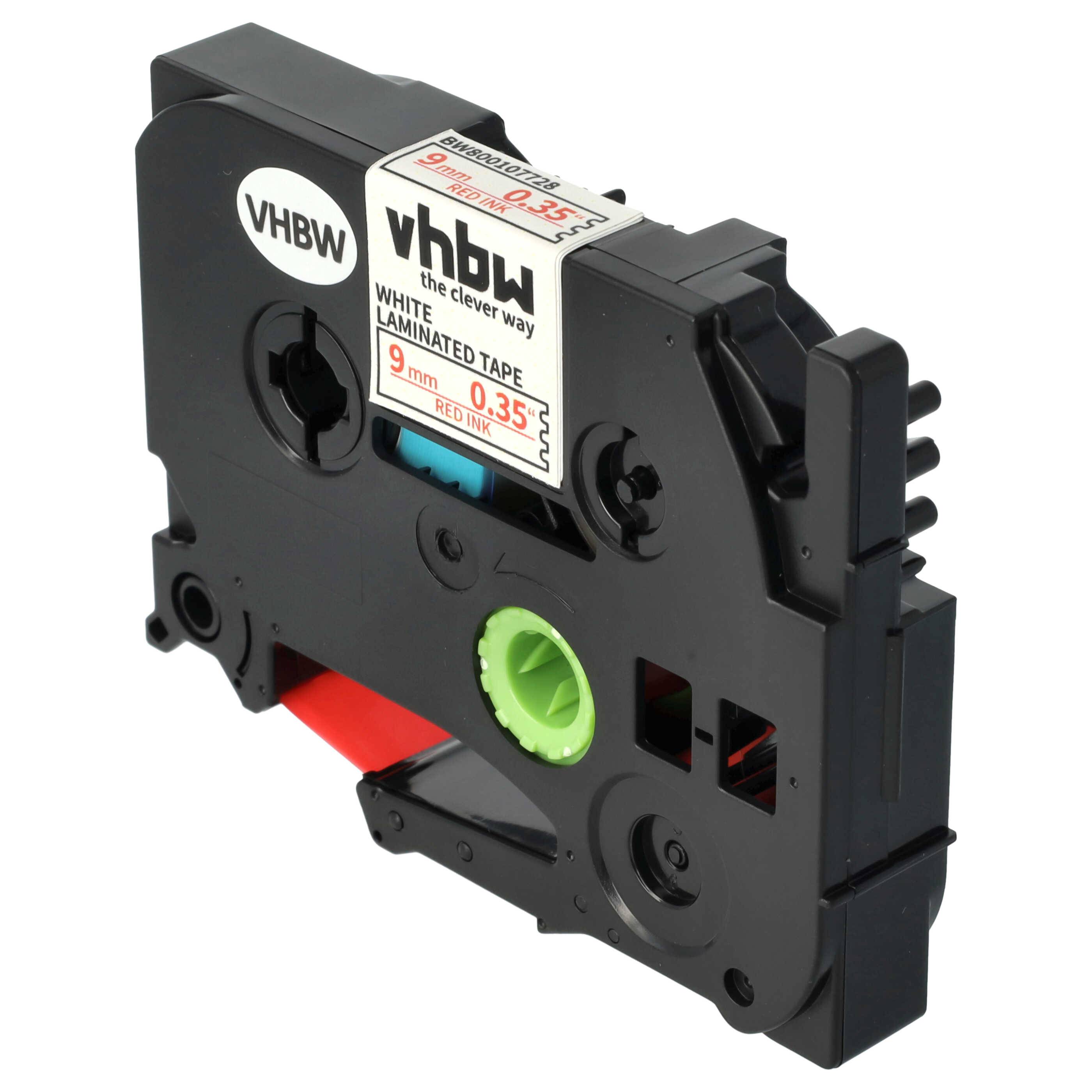 vhbw Schriftband-Kassette kompatibel mit Brother PT D600VP, P700, H100LB, H100R, E100, E100VP Etiketten-Drucker 8m x 9mm Rot auf Weiß, Kunststoff