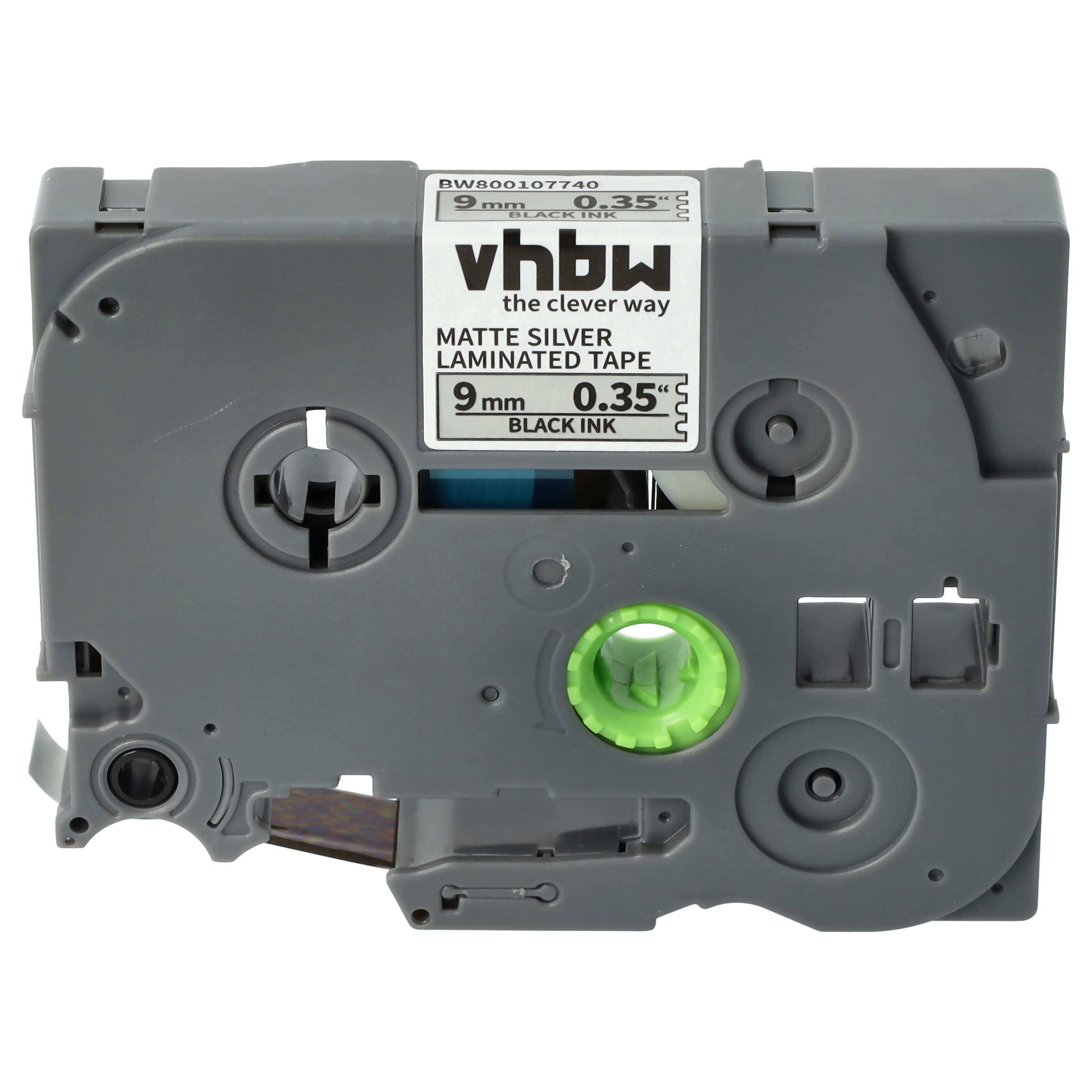 vhbw Schriftband-Kassette kompatibel mit Brother PT 900, 9000-Serie, 9200PC, 9200DX, 7600VP, 900F Etiketten-Drucker 8m x 9mm Schwarz auf Matt-Silber