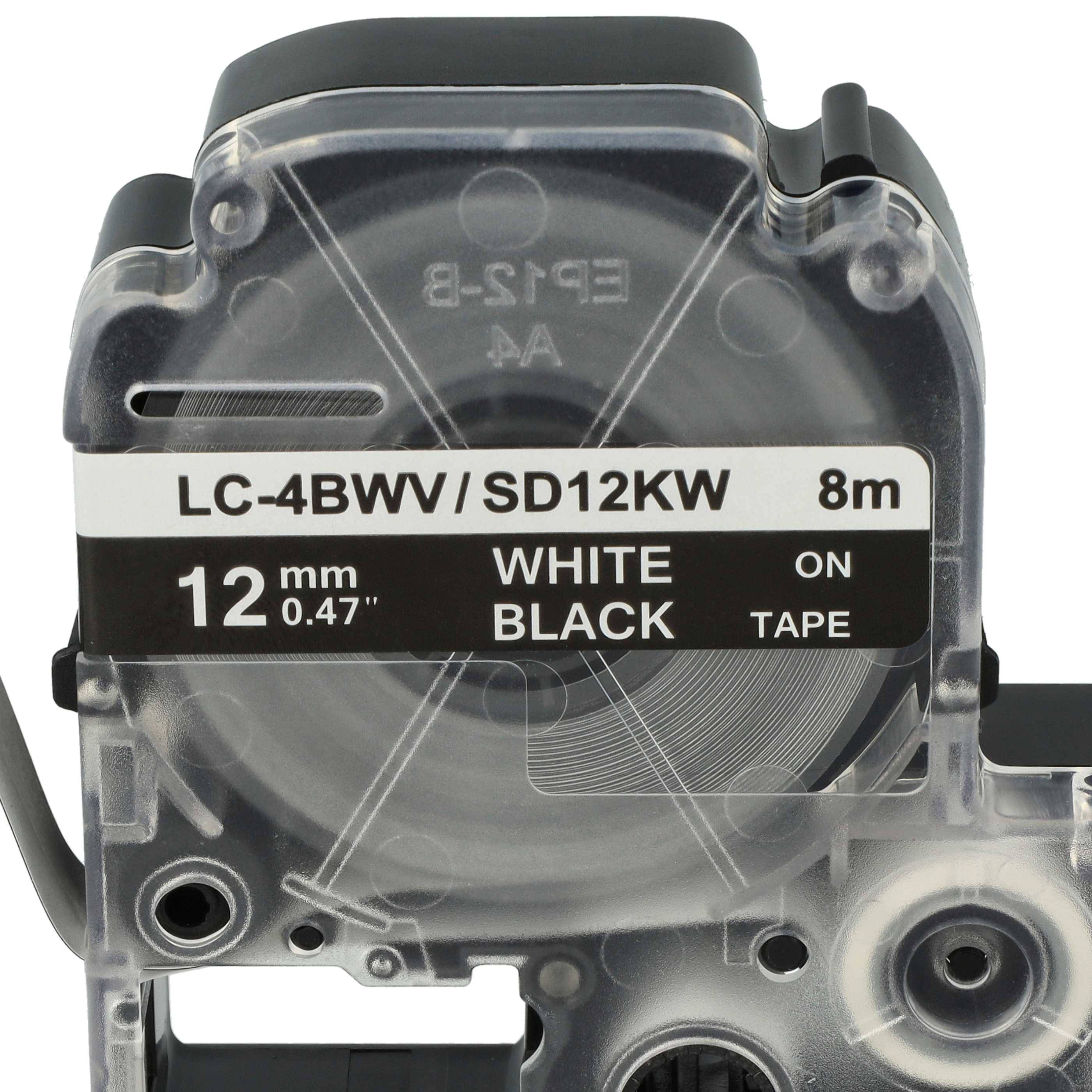 vhbw Schriftband-Kassette kompatibel mit KingJim SR3900C, SR150, SR3700P, SR330, SR300TF, SR180, SR230C Etiketten-Drucker 8m x 12mm Weiß auf Schwarz