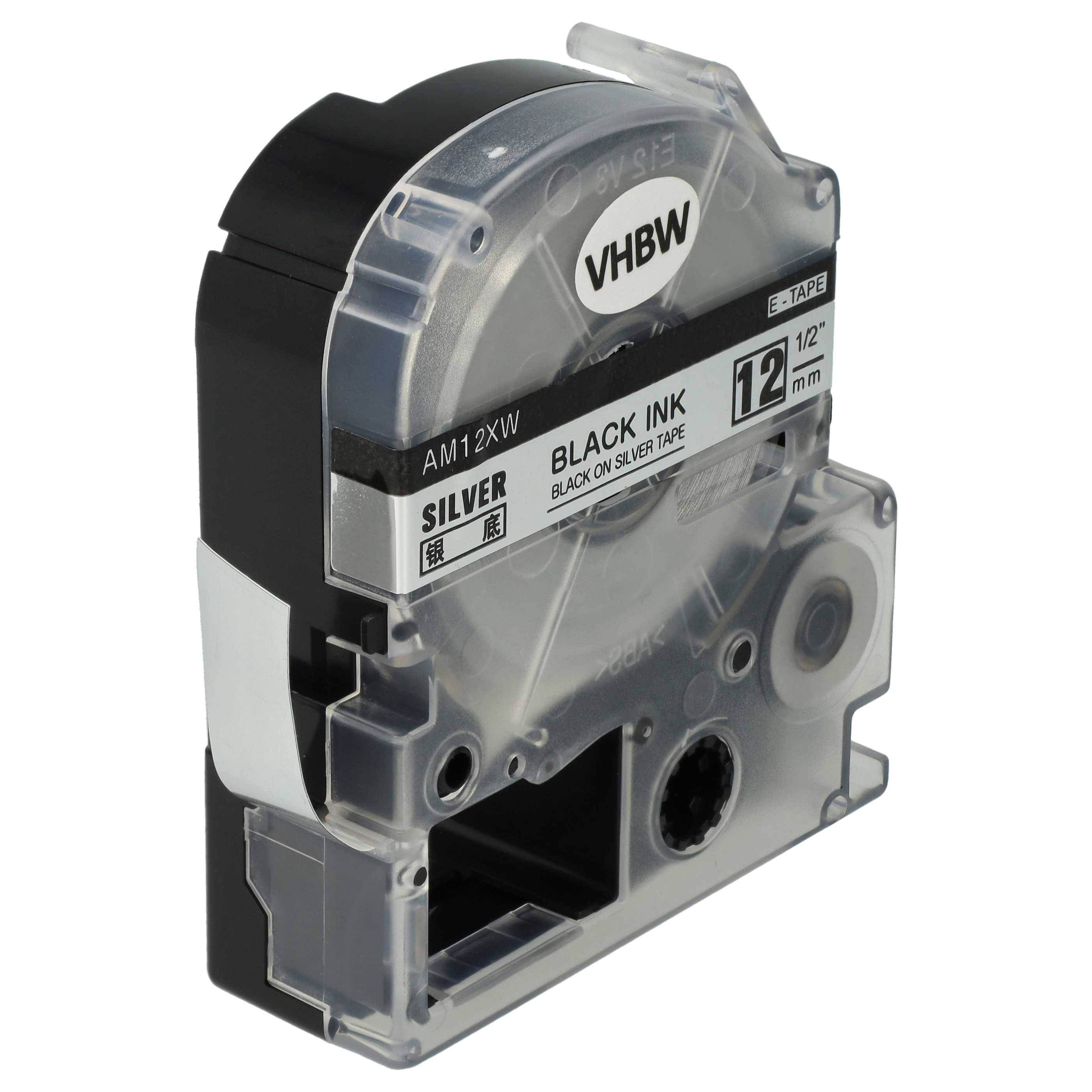 vhbw Schriftband-Kassette kompatibel mit KingJim SR150, SR3700P, SR330, SR300TF, SR180, SR230C Etiketten-Drucker 8m x 12mm Schwarz auf Silber