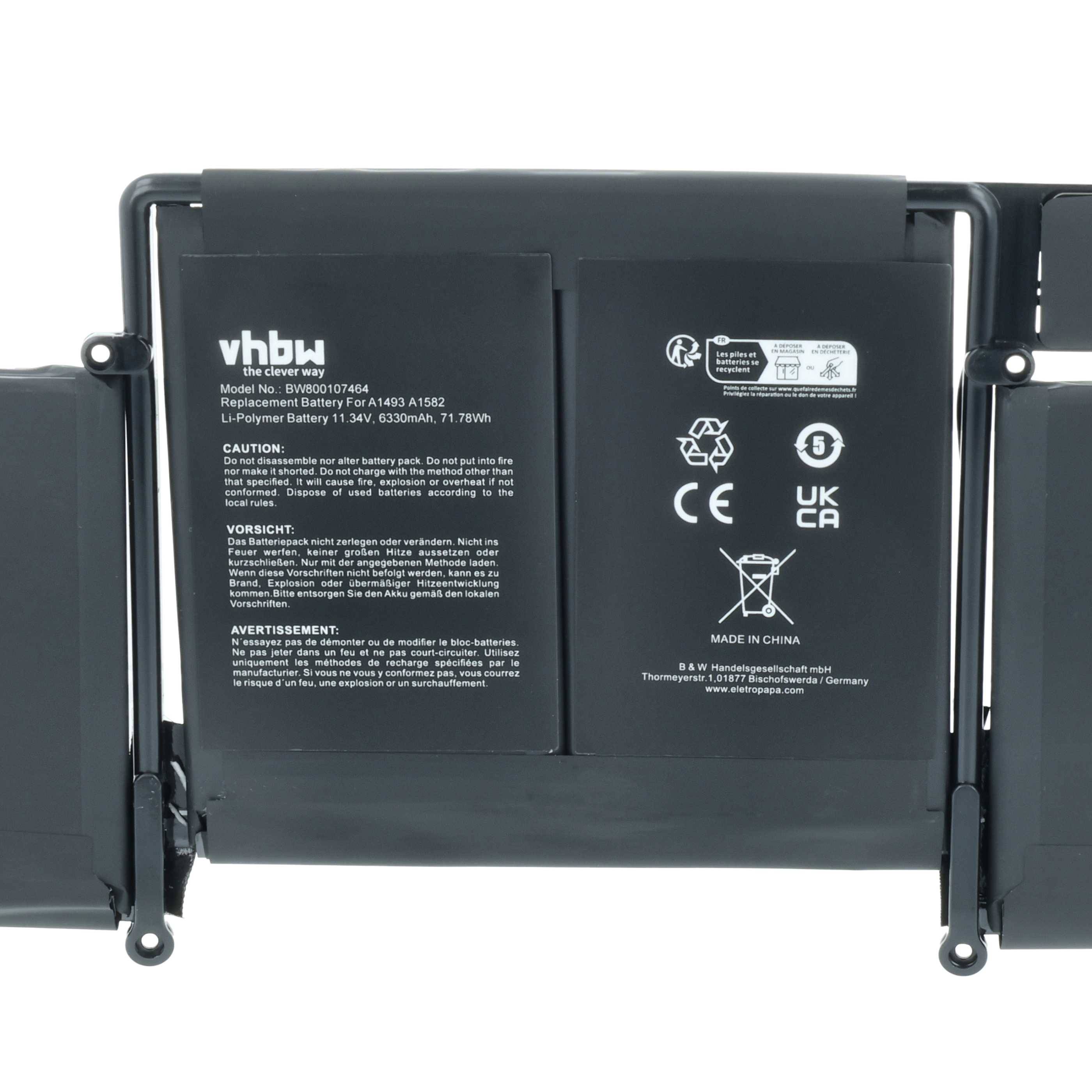 Laptop-Akku mit Beschriftungen. Modell 'vhbw' B06CY46S9K. Spezifikationen: 11,3V, 36,63Wh/71.789mAh. Sicherheitssymbole. Hergestellt in China.