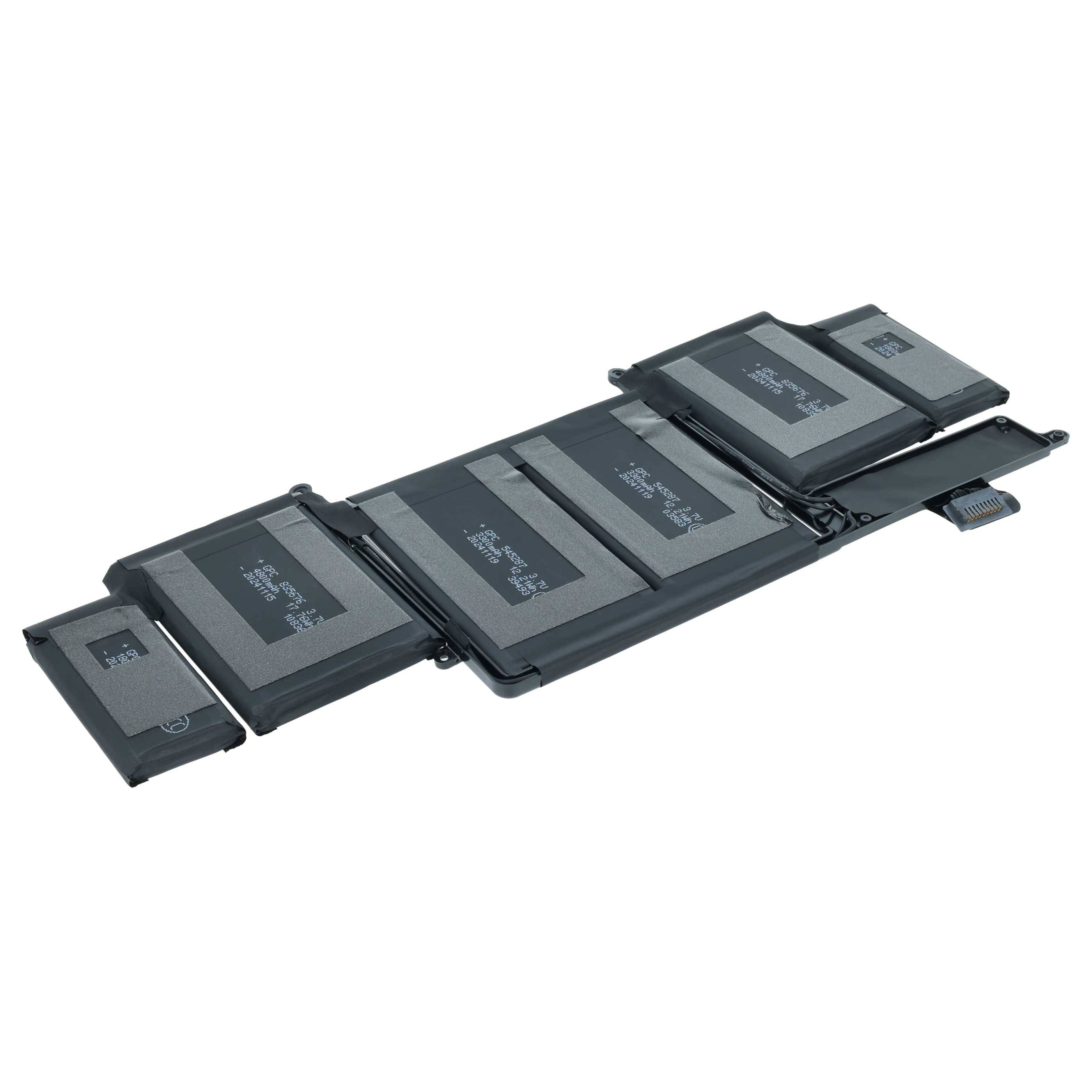 Eine MacBook Pro-Batterie mit mehreren Zellen, die in Reihe geschaltet sind und so konstruiert wurden, dass sie in das Laptop-Gehäuse passen.